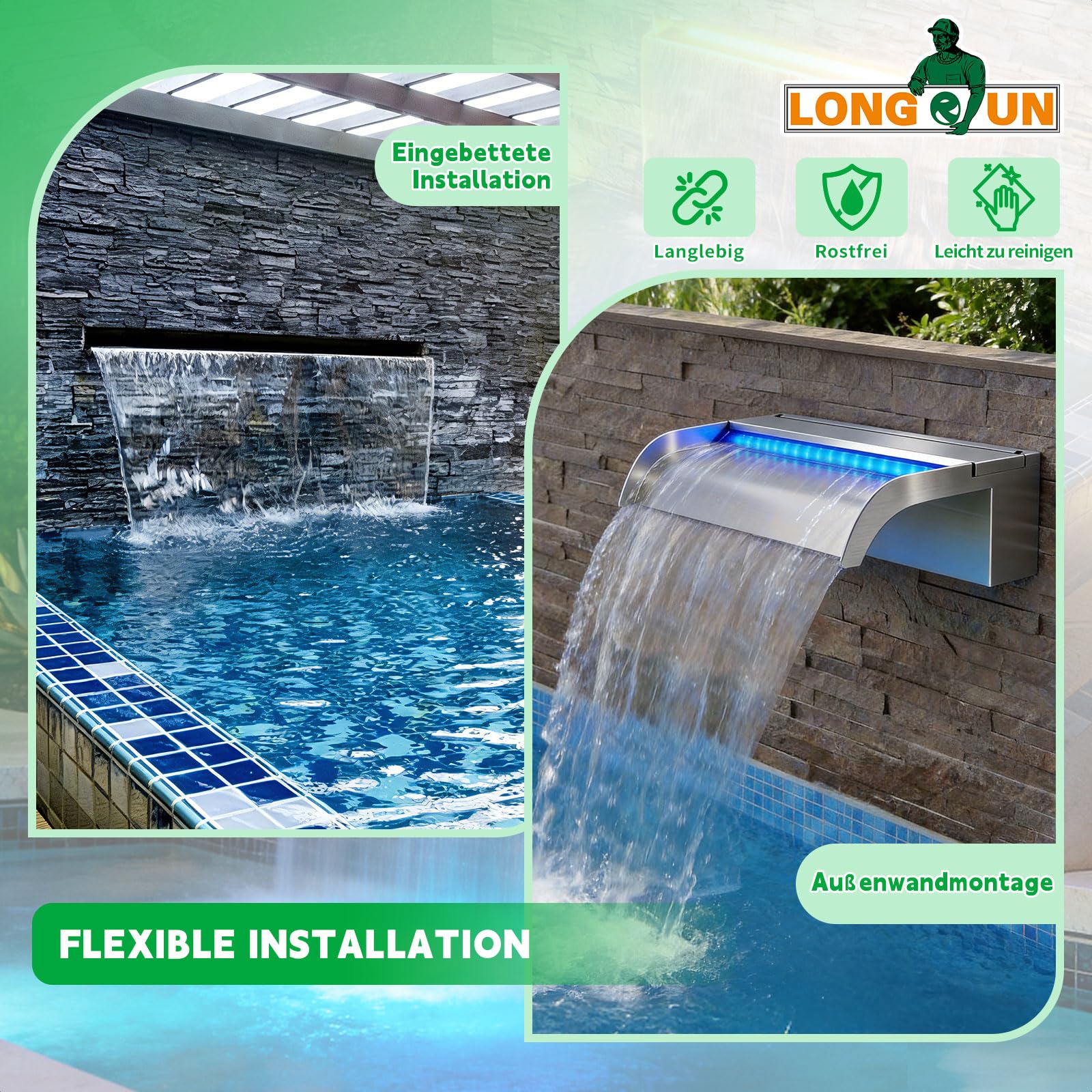 LONGRUN 90cm Gebogener Teich-Wasserfall aus Edelstahl 304 mit RGB LED-Leiste & Bluetooth-App-Steuerung, Garten-Wasserfall für Teich, Pool und Schwimmbad