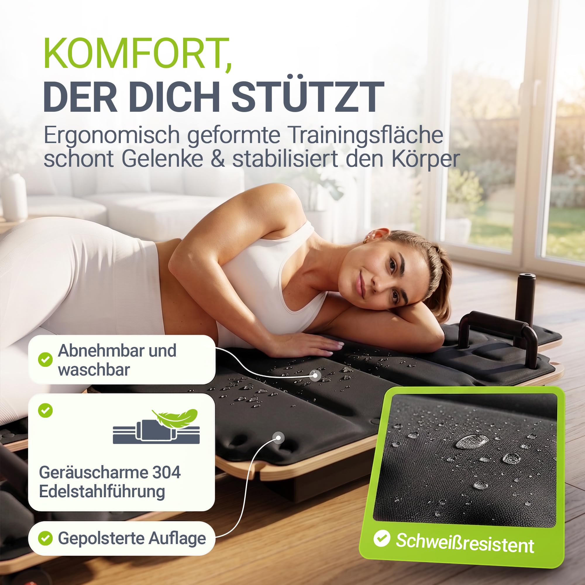 ArtSport Movea Pilates Reformer Board für Zuhause – faltbares Mini-Reformer Pilatesgerät aus Birkenholz & Aluminium, inkl. 6 Trainingsbänder & 4 Griffe, belastbar bis 200 kg