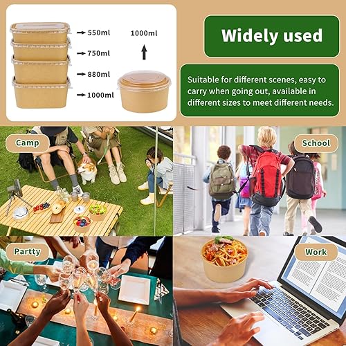 Miniatura 6 de Paquete de 50 cuencos de papel de 33 onzas, recipientes desechables con tapas, cuencos desechables con tapas, cuencos desechables con tapas para