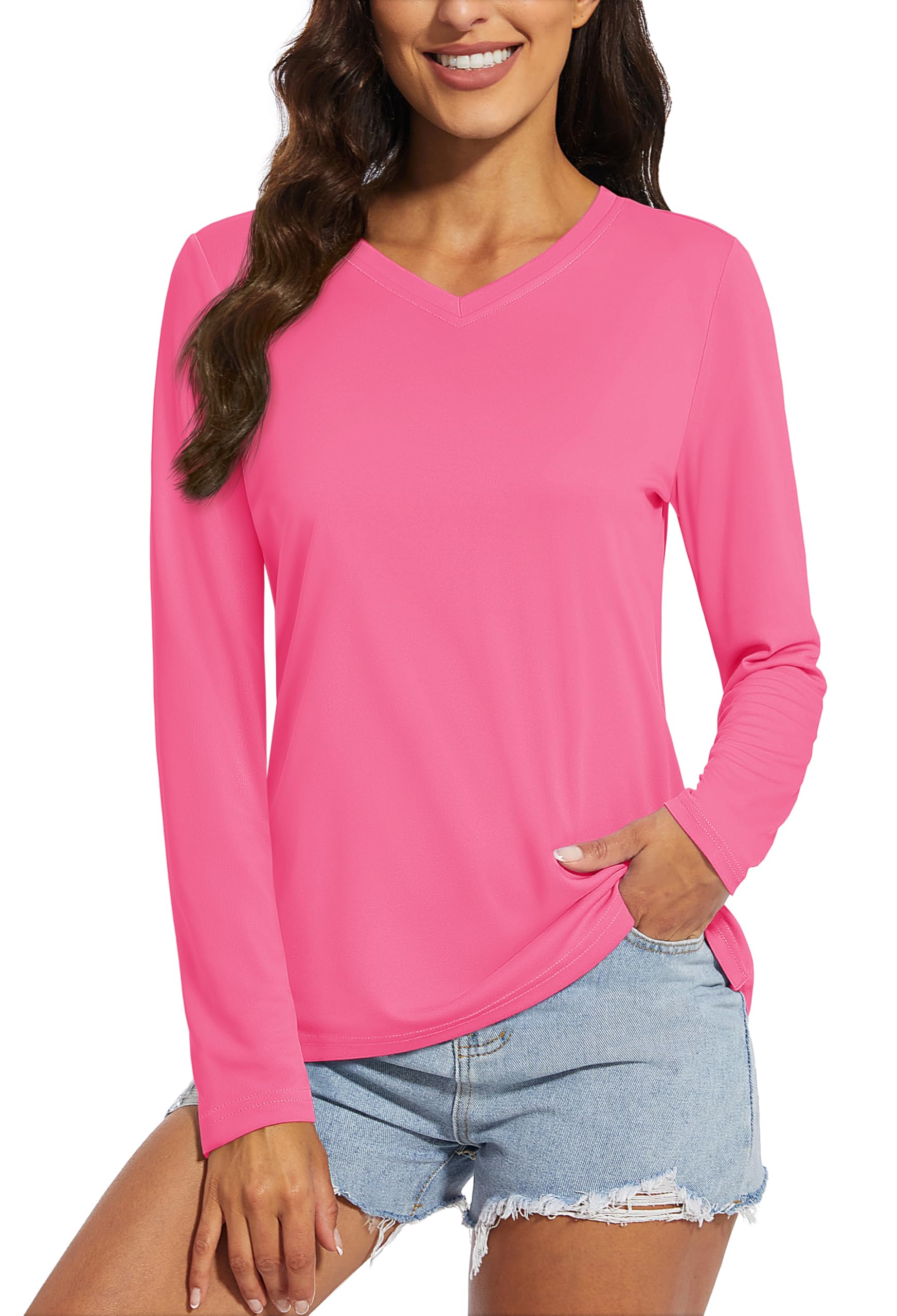MAGCOMSEN SPF Shirts for Women Long Sleeve Workout Tops V-Neck UPF 50+ UV Sun Shirt Quick Dry Performance Tees Swim Tops