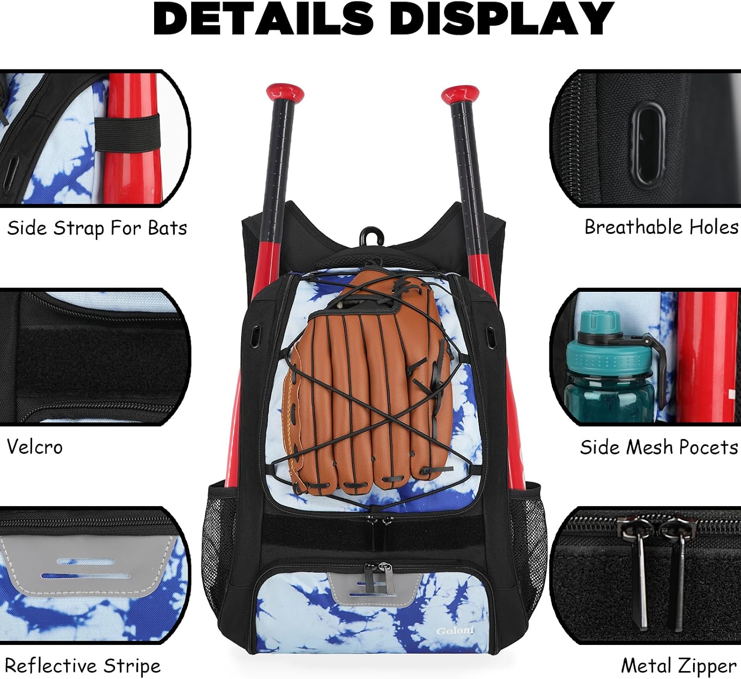 goloni | baseball backpack,baseball bag for adult,softball bat bag with shoes compartment,large main compartment for helmet & accessories, fence hook blue tie dye