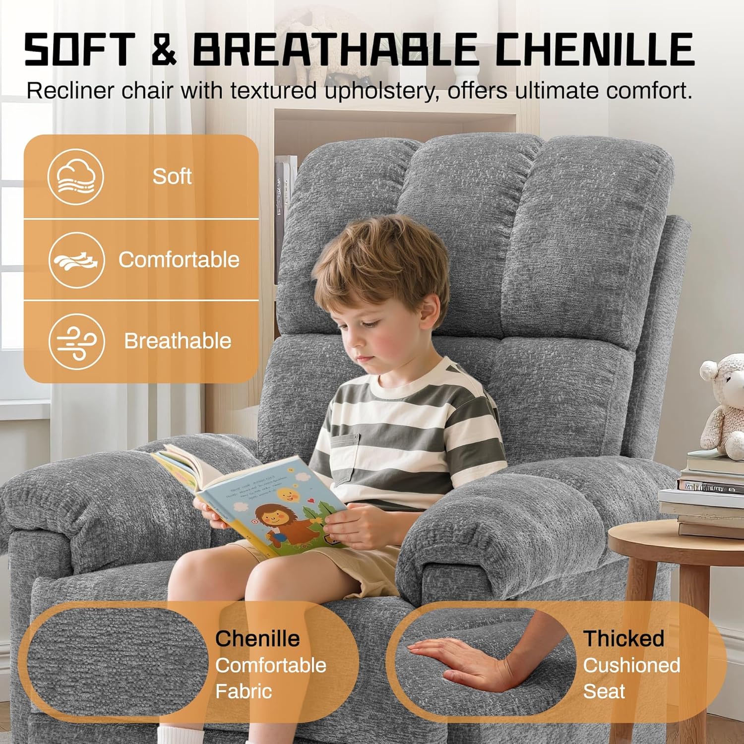 Recliner Chair, Swivel Rocker Recliner Chair for Adults, Small Recliners for Small Spaces, Manual Recliner with Side Pockets, Upholstered Nursery Rocking Chair for Living Room, Chenille, Grey