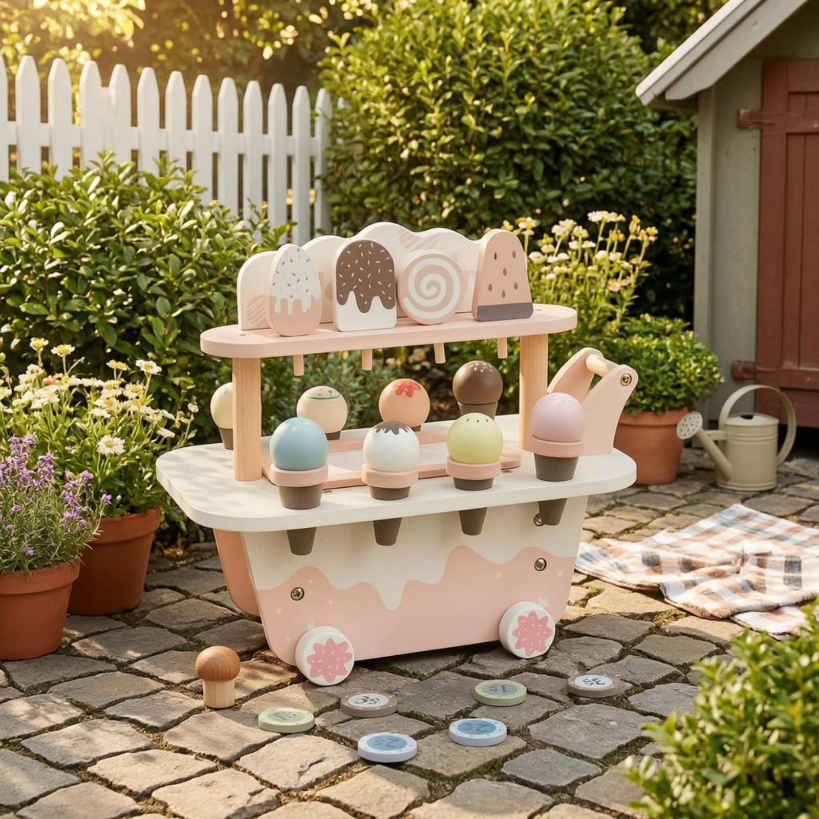 Kinder Spielwagen Holz Eisladen Wagen Kinderwagen Rollenspiel Spielzeugwagen mit Zweistufiger Präsentationsablage Robuster Holzbau Schiebegriff Räder für Innenraum Zuhause