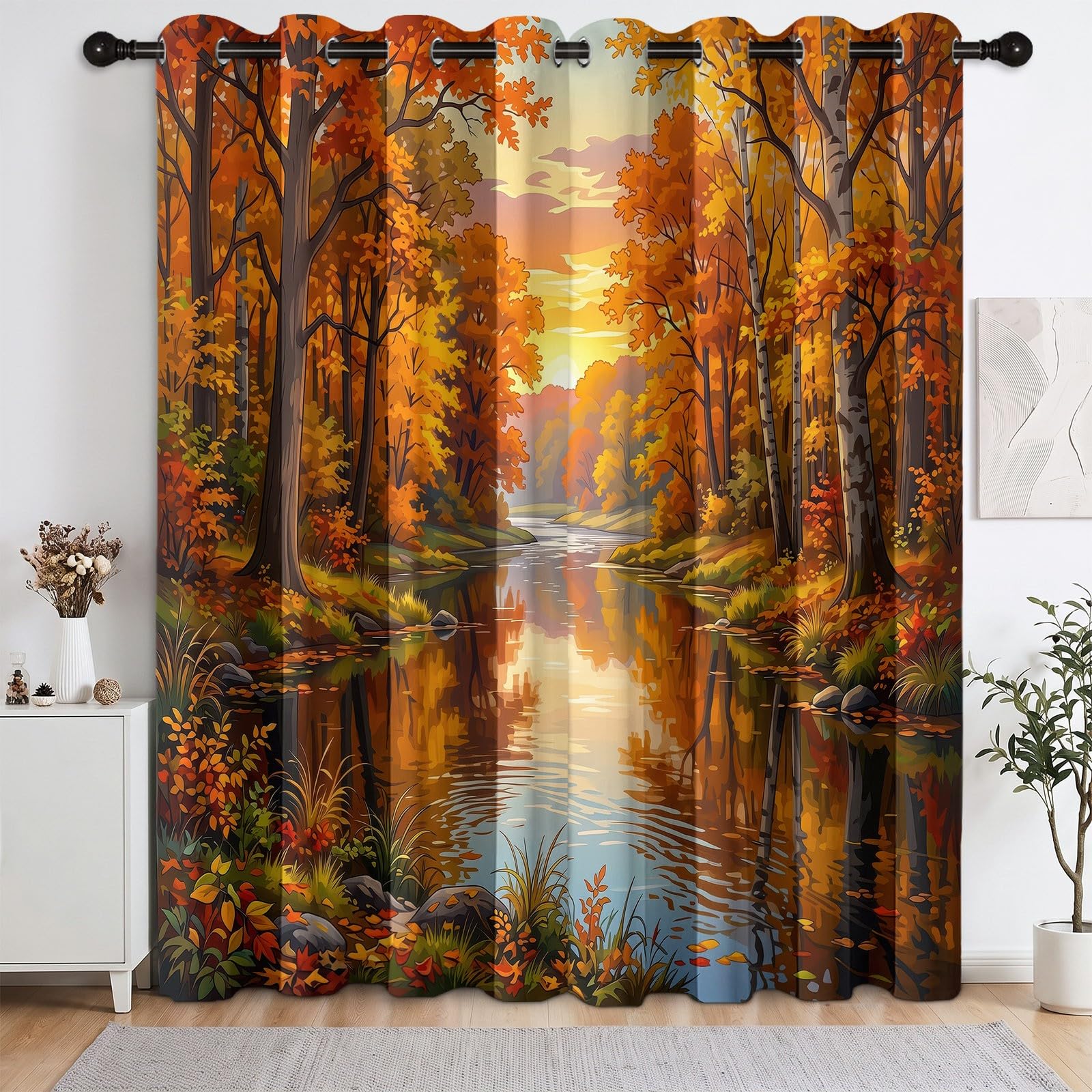Blickdichte Vorhänge Set Natur Ländlich Landschaft mit Ösen, Herbst Wald Fluss Verdunklungsvorhänge Thermo Isoliert 2 Stück - Bedruckte Gardinen Deko für Wohnzimmer Schlafzimmer 229 x 117 cm (H x B)