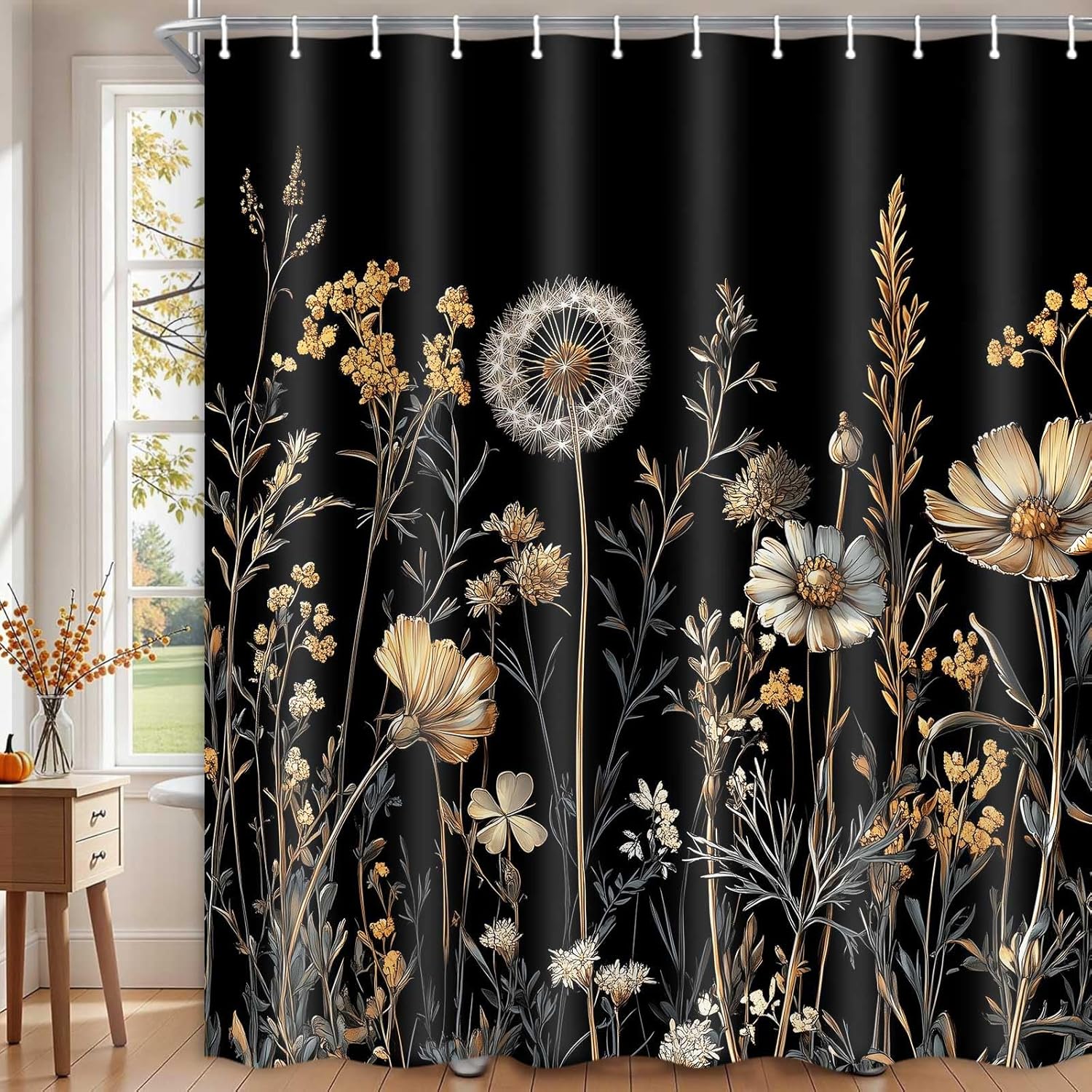 96inch Extra Long Black Fabric Shower Curtain Boho Vintage Floral Water Repellent Shower Curtain Set, Machine Washable, Farmhouse Polyester Cloth Shower Curtains for Bathroom