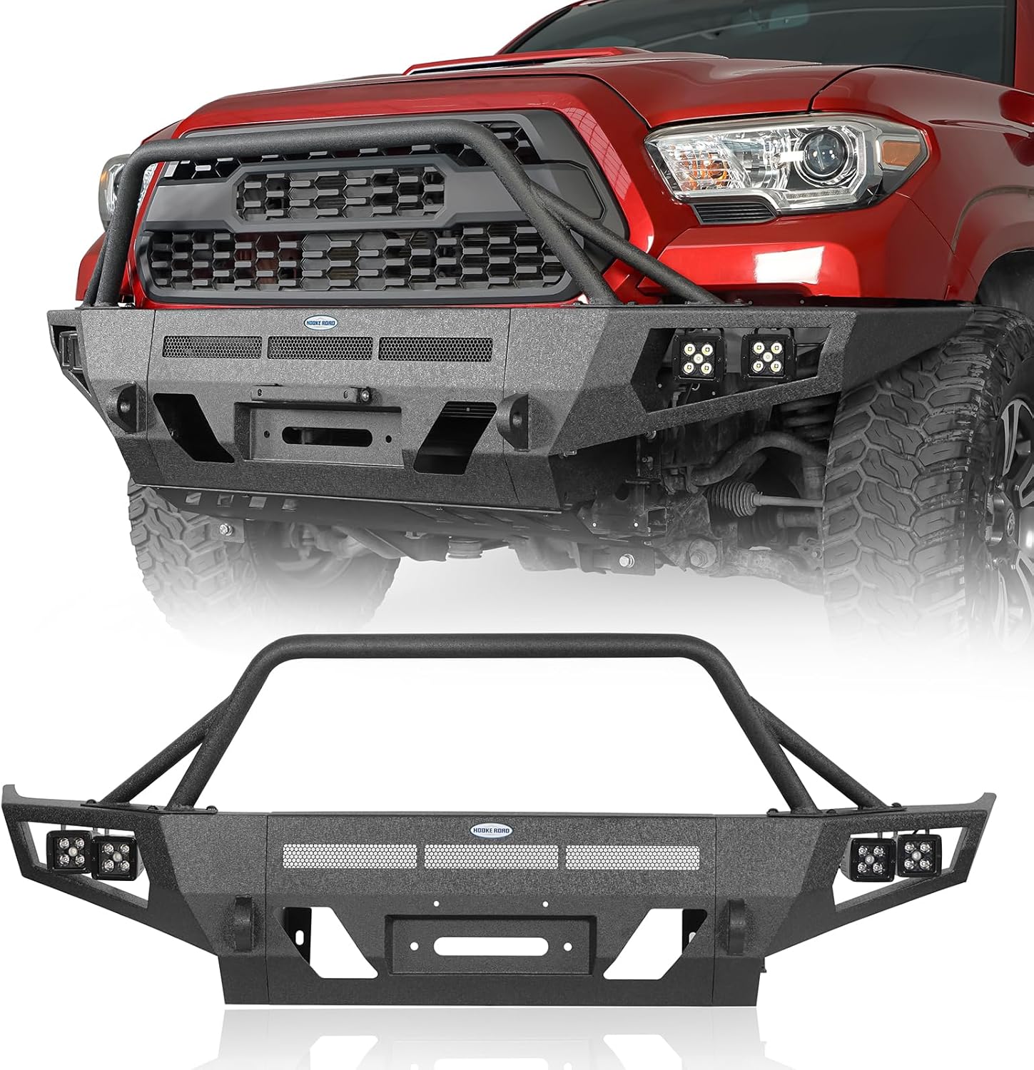 u-Box Tacoma Front Bumper Bull Bar Brush Grille Guard for 2016-2023 Toyota Tacoma 3rd Gen Pickup Trucks, Full Width Offroad Bumper with Winch Plate & Skid Plate & LED Lights