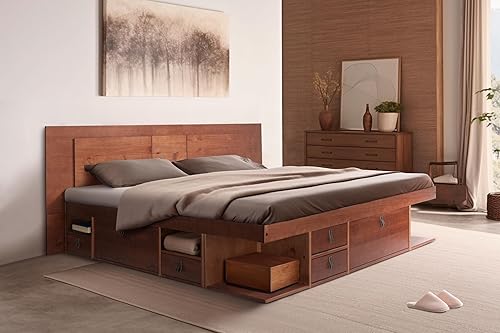 Miniatura 42 de memomad Bali - Cama de plataforma de almacenamiento con cajones (tamaño King, madera marrón caramelo) Caramelo,Roble,Blanco