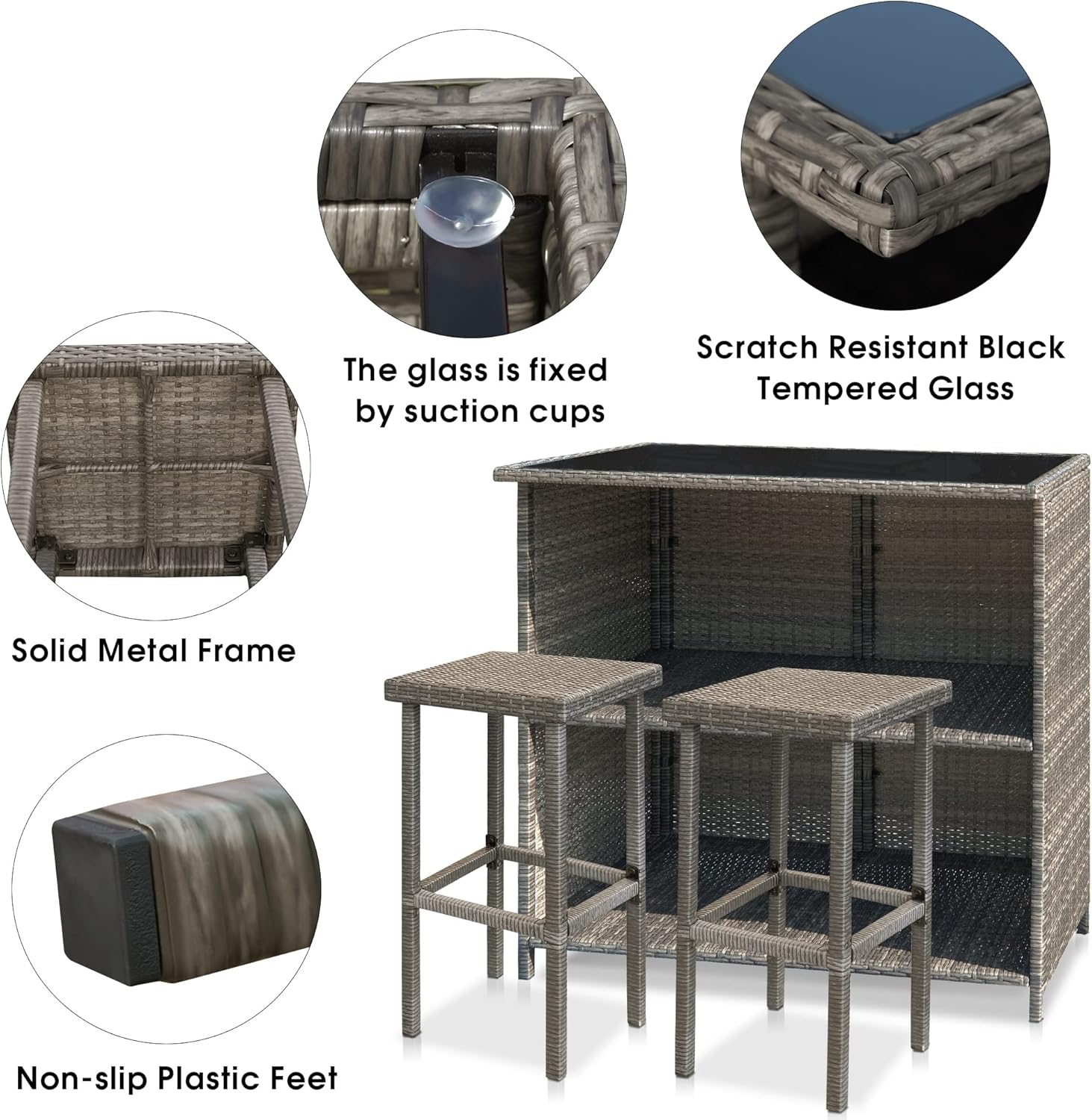 MCombo Patio Bar Set, Wicker Outdoor Table and 2 Stools, 3 Piece Patio Furniture with Storage for Poolside, Backyard, Garden, Porches 6085-1201 (Grey) : Patio, Lawn & Garden