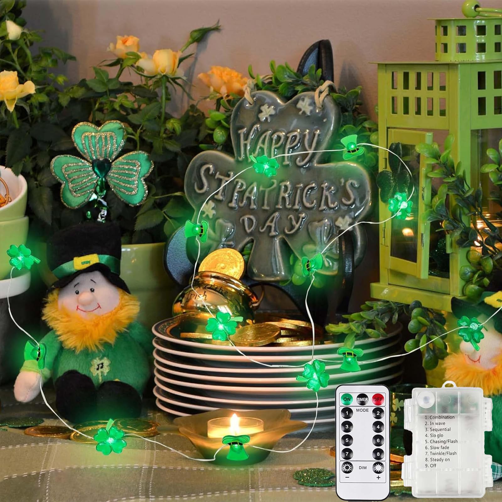 BOSSERN St. Patrick's Day Decorative Lights Shamrock Irish String Lights 60LED Lights Battery Operated Home Garden Girl's Bedroom Birthday Decorations Indoor and Outdoor Use with Remote Control