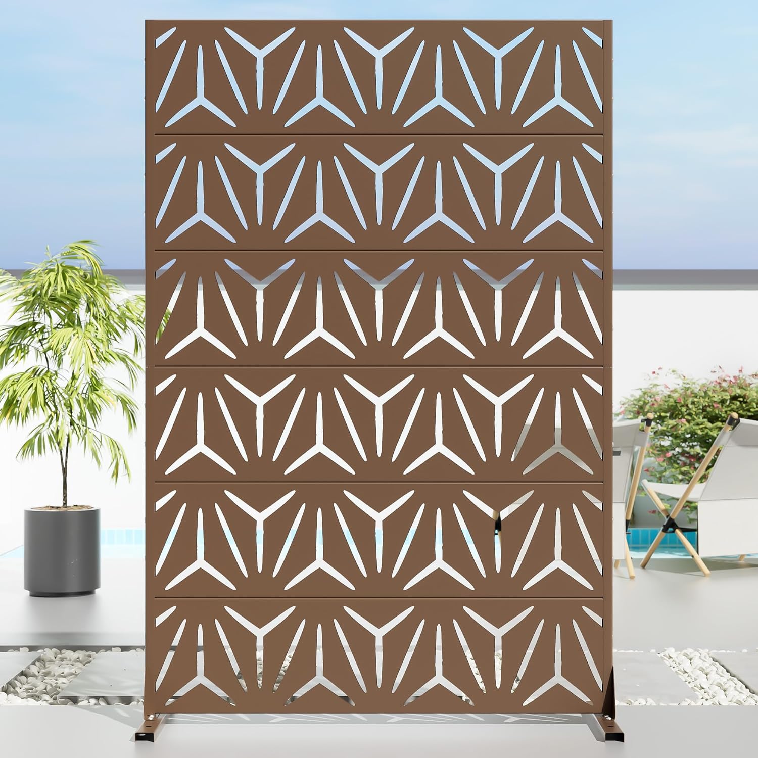 Casaphoria Metal Privacy Screen Outdoor, 72" H x 47" W Freestanding Decorative Privacy Screen for Patio Deck Balcony Garden with Stable Base, Brown Star