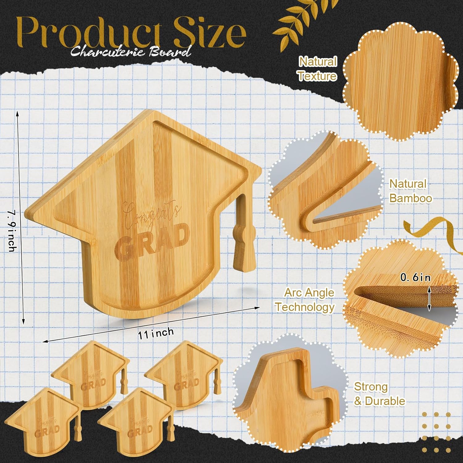 4 Pcs 2026 Graduation Charcuterie Wooden Tray Reusable Serving Trays Fillable Food Serving Dishes for Cake Candy Chocolate Cheese Grad Party Anniversary Decoration(Graduation Cap)