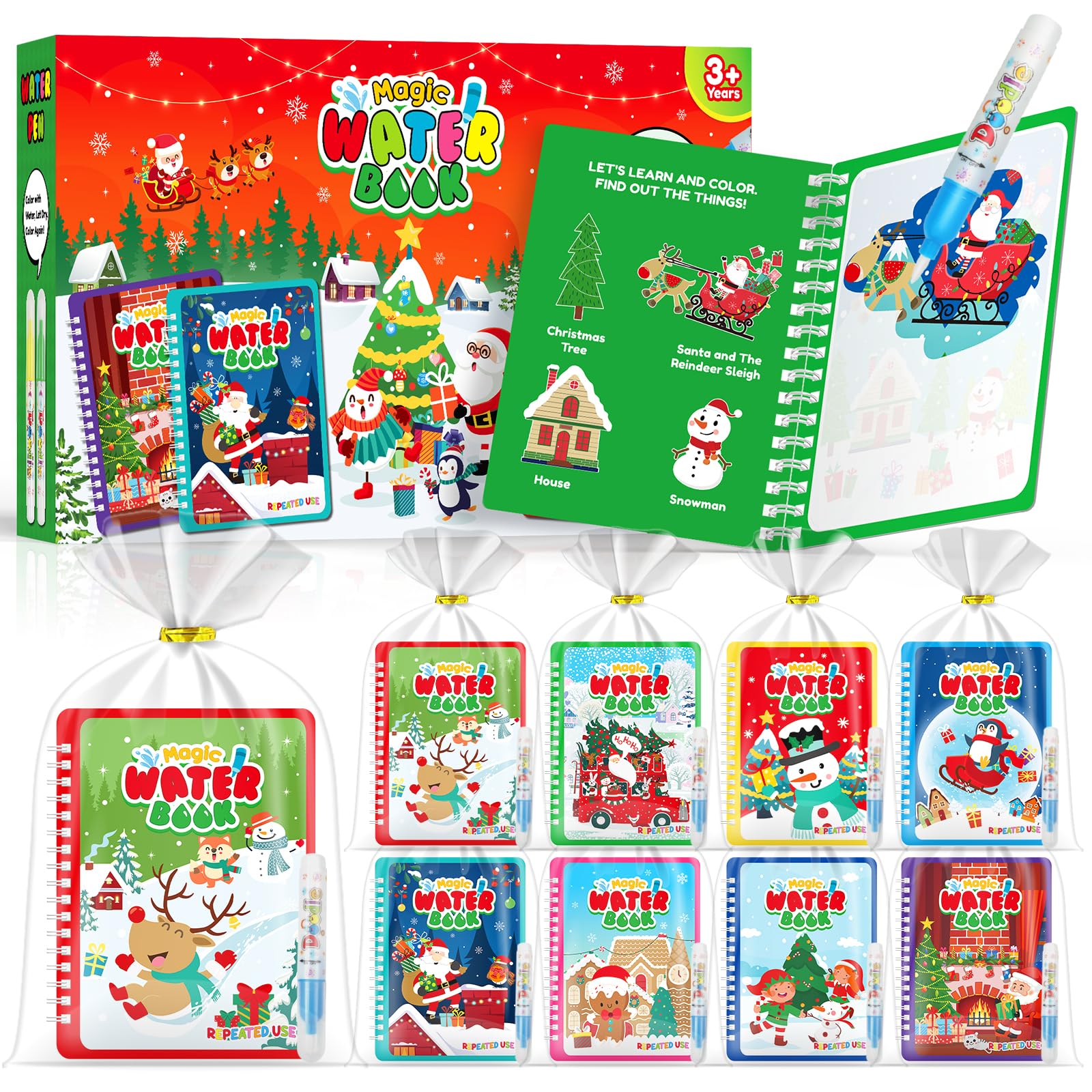 LIKYMO Magic Water Colouring Books, Party Bag Fillers for Kids, Easter Gifts & Water Painting Books for Kids, Mess Free Colouring, Educational Travel Doodle Drawing Toys for Toddlers (Christmas 24)
