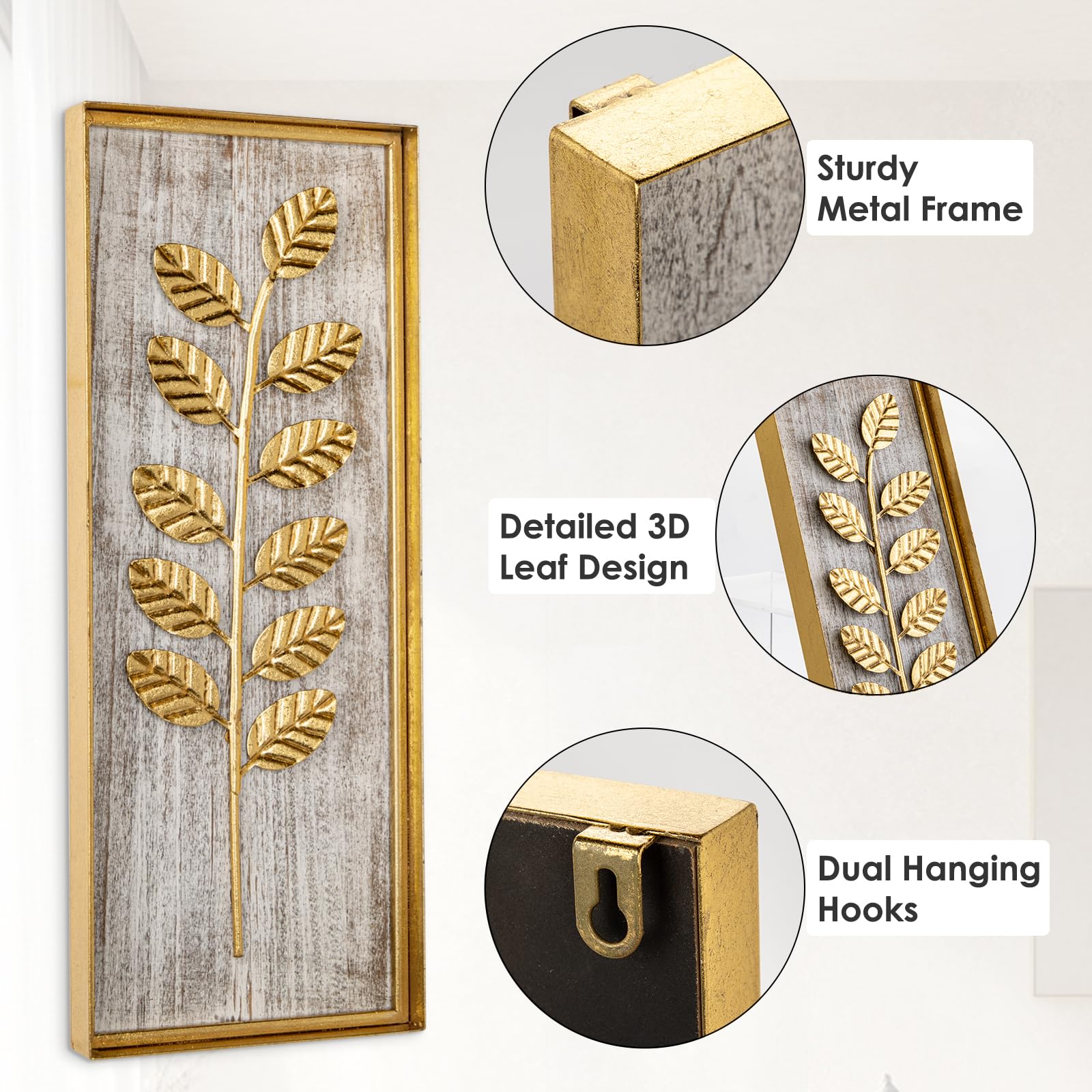 Briful Metall Wanddeko 3er Set – Goldene Blätter auf Holzoptik, 40x16 cm – Modernes Wandbild aus Holz & Metall – Wohn- & Schlafzimmer Deko, Boho Vintage Stil, Wandkunst mit Naturmotiv