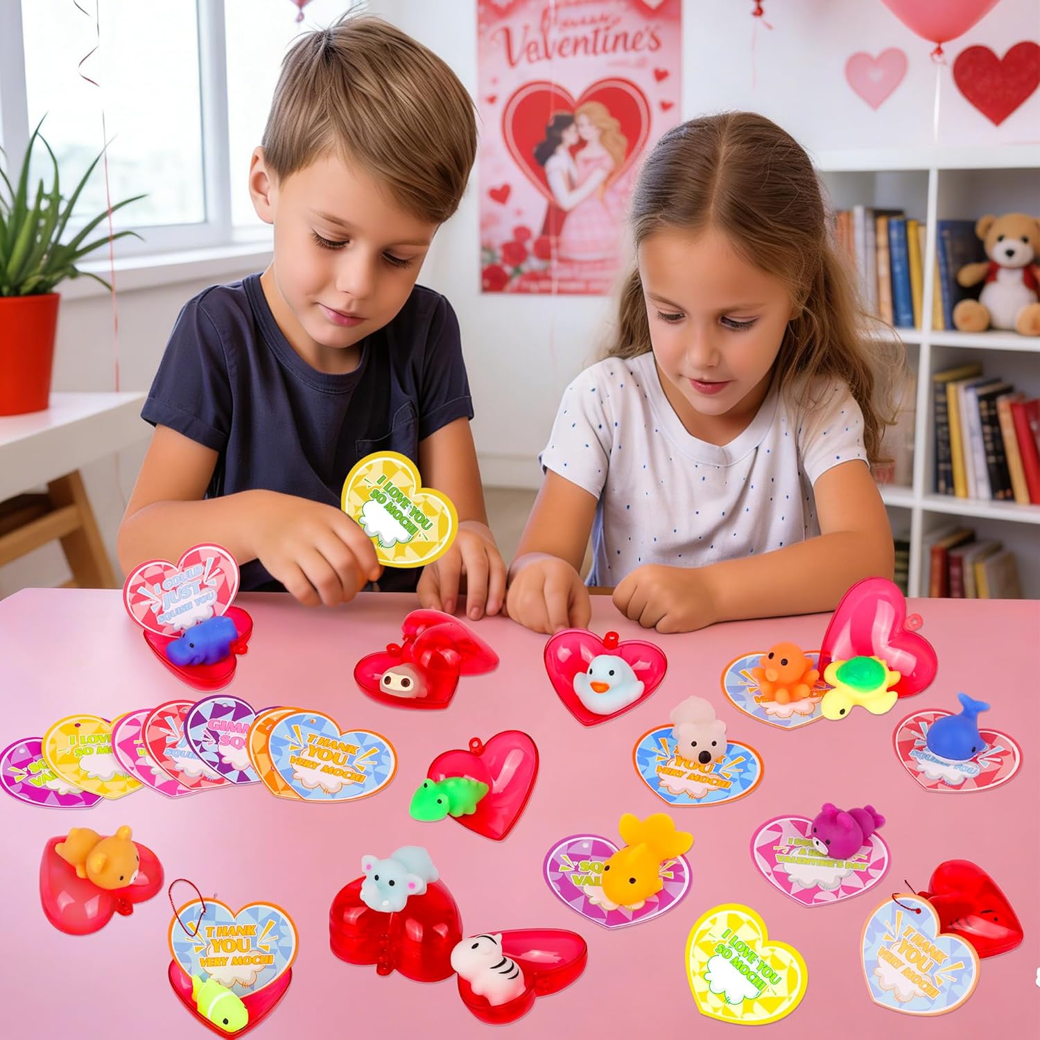 28 Pack Mochi Squishes Valentines Day Gifts for Kids Classroom Valentines Day Cards for Kids School, Valentines for Class Valentines Exchange Cards Party Favors Classroom Exchange Gift Set