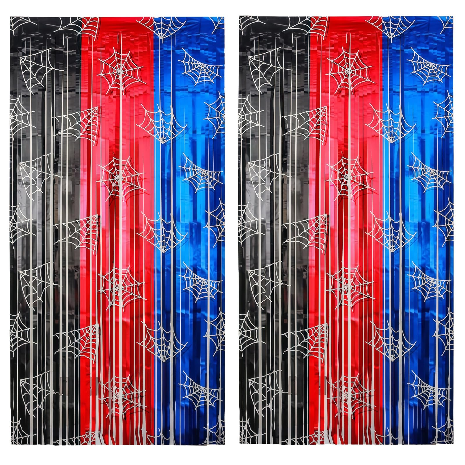 2 Pack 3.3 Ft x 6.6 Ft Spider Birthday Party Decoration Foil Fringe Curtains Spider Web Red Black Blue Metallic Tinsel Curtains Shimmering Foil Fringe Streamers Backdrop Photo Props for Birthday Party