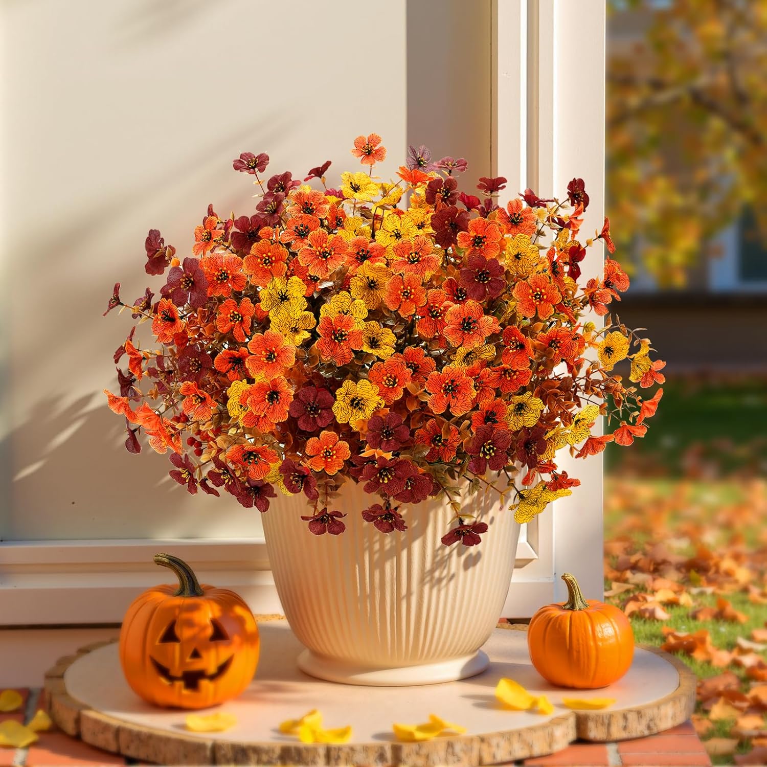 Artificial Mums Fall Fake Flowers for Outdoors, 12 Bundles Faux Mums for Outdoor Planters Autumn Decorations,UV Resistant Silk Flowers for Outside Front Porch Patio Home Decor(B-Orange Yellow Brown) - Image 4