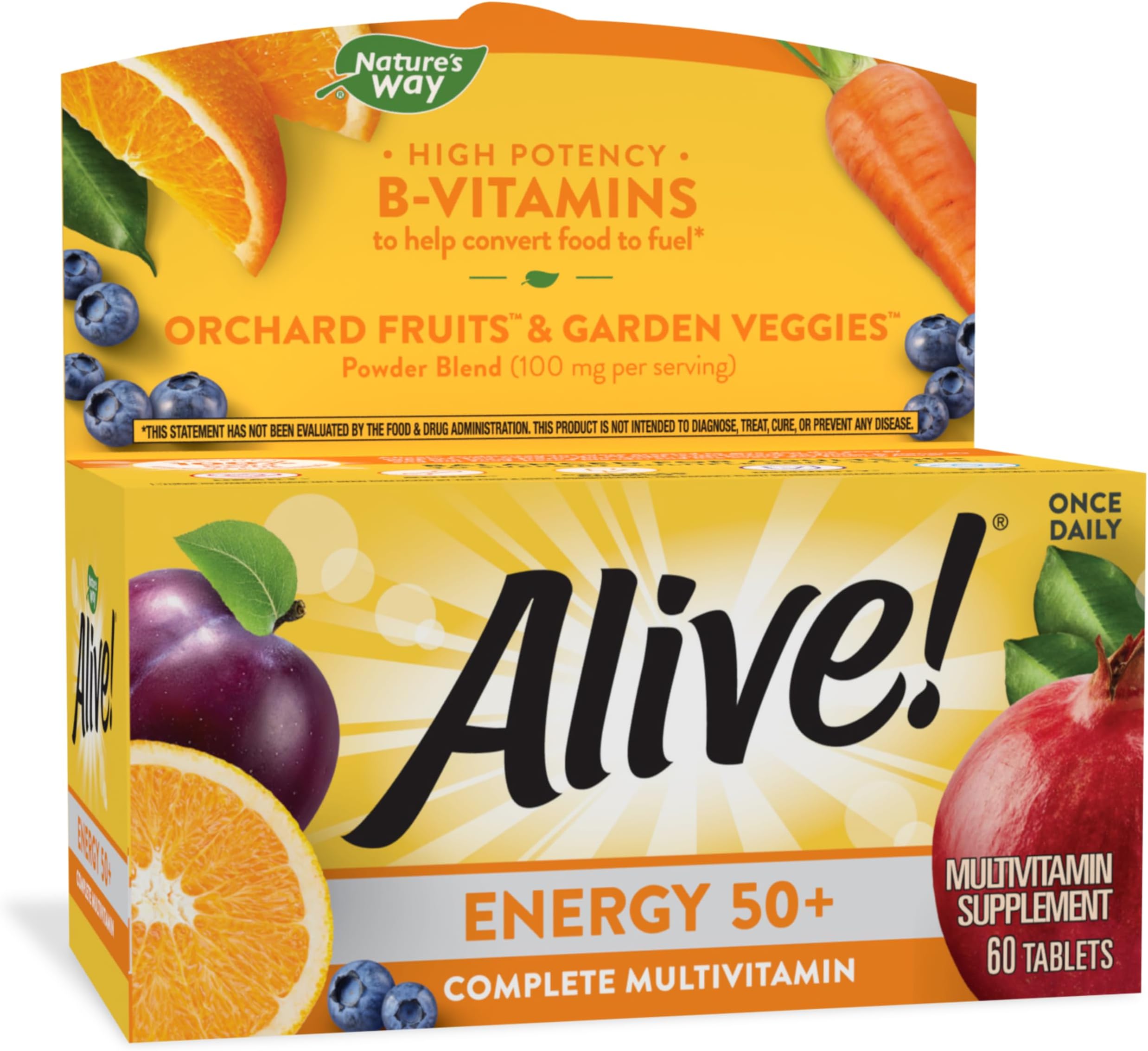 Nature’s Way Alive! Adults 50+ Complete Multivitamin, Supports Multiple Body Systems, Supports Cellular Energy, High Potency B-Vitamins, Gluten-Free, 60 Tablets