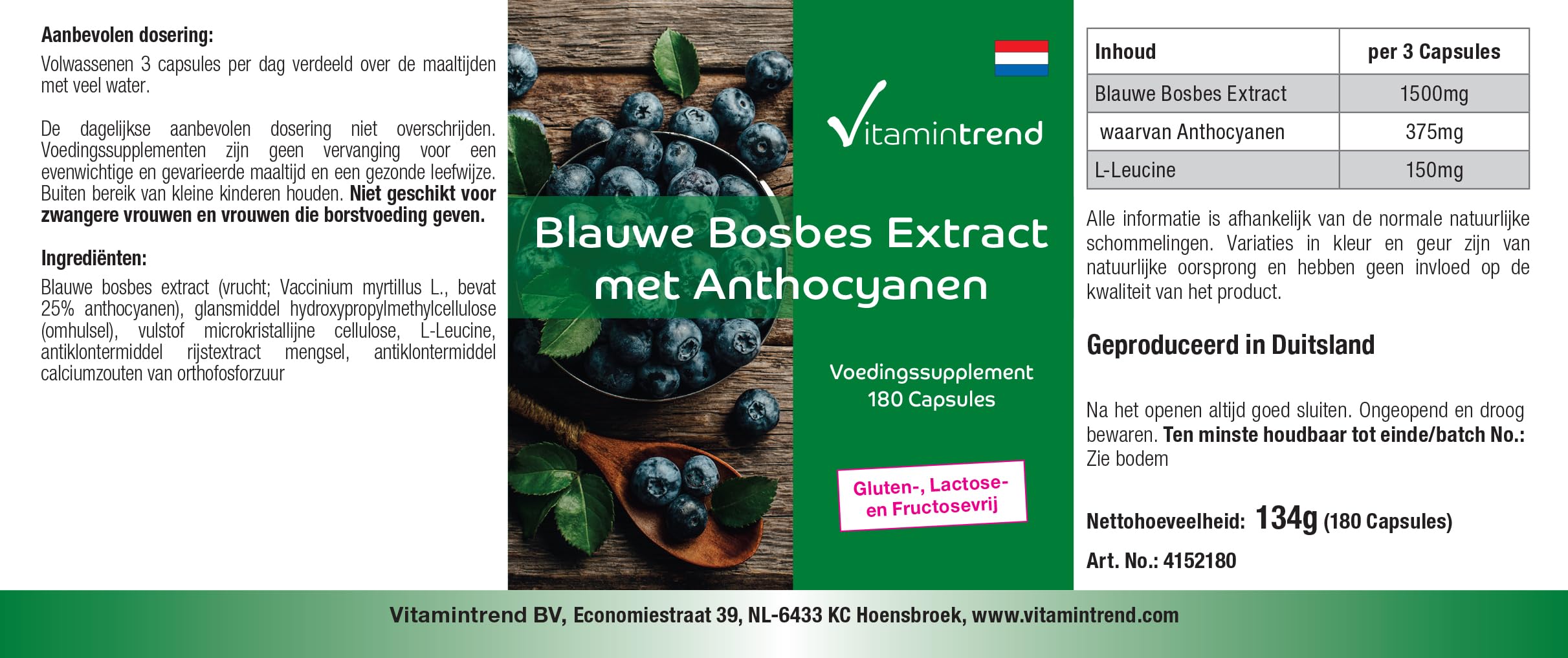 Vitamintrend Extrait de myrtille avec 25% d'anthocyanes, 180 gélules, hautement dosé, complément alimentaire végan sans stéarate de magnésium, fabriqué en Allemagne