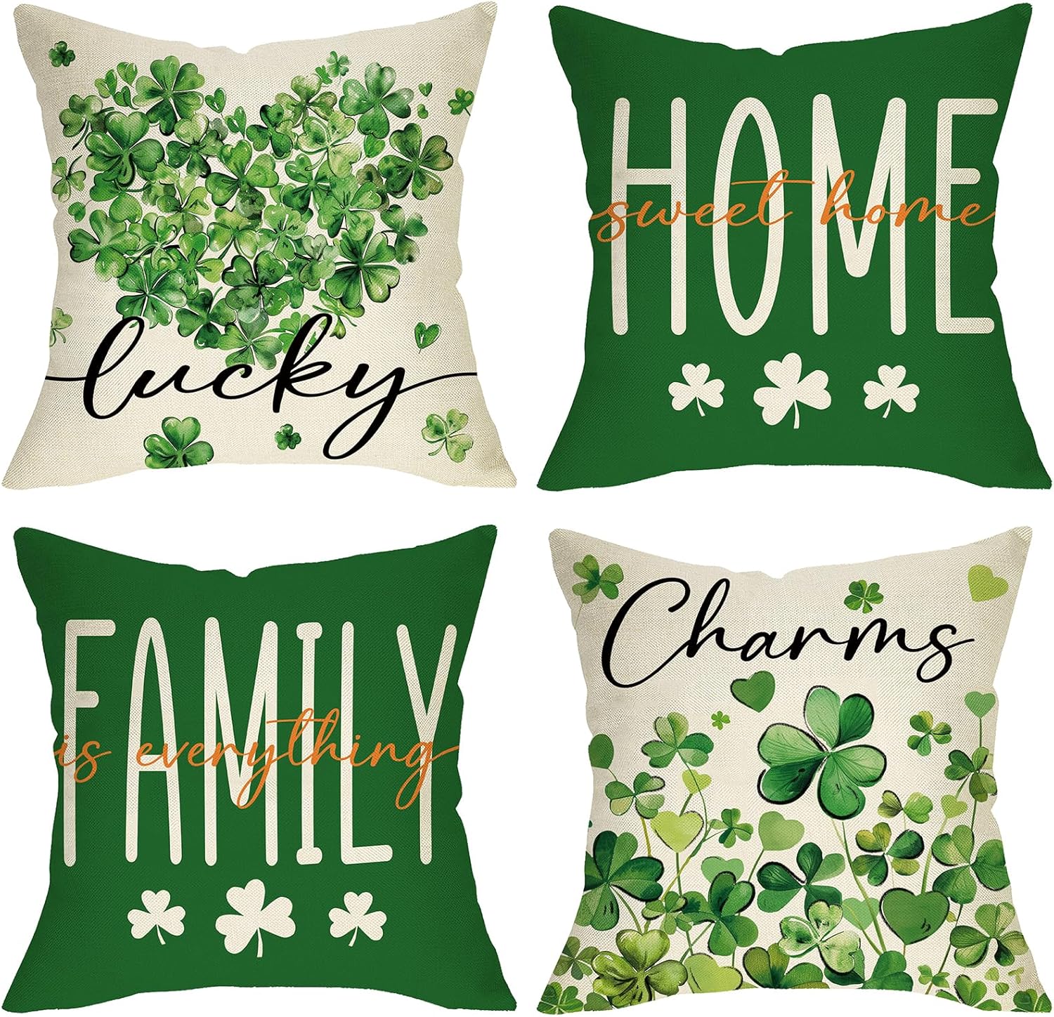 St Patricks Day Decorative Throw Pillow Covers 18 x 18 Set of 4, Lucky Charms Shamrock Clover Love Heart Porch Outdoor Decor, Irish Spring Home Sweet Home Sofa Couch Cushion Case