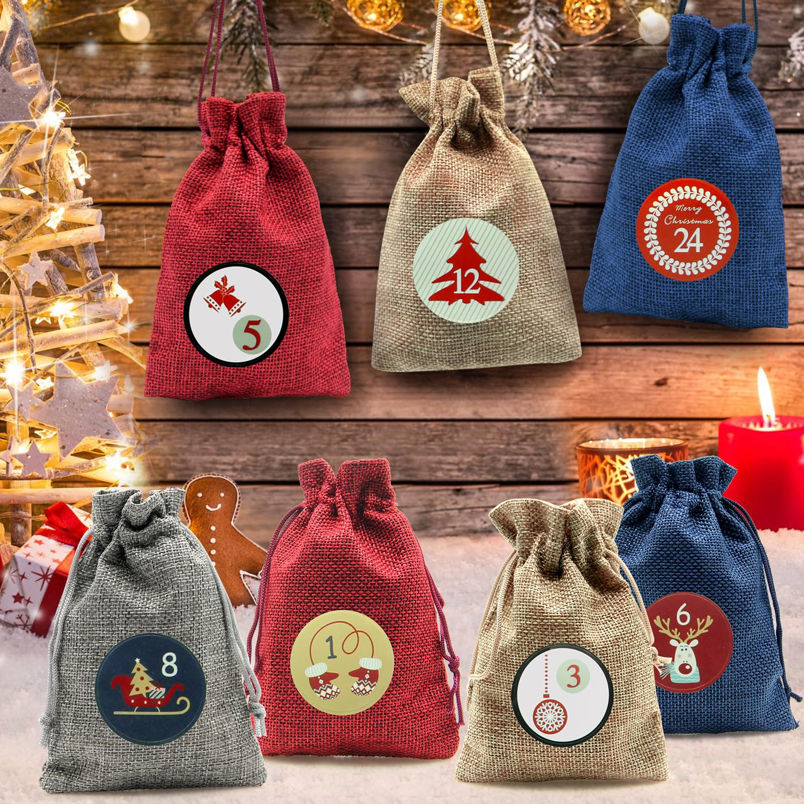 Calendario de Adviento para Rellenar 24 Piezas con Cuerda 10m y 48 Números Adhesivos, Bolsas de Tela DIY 4 Colores