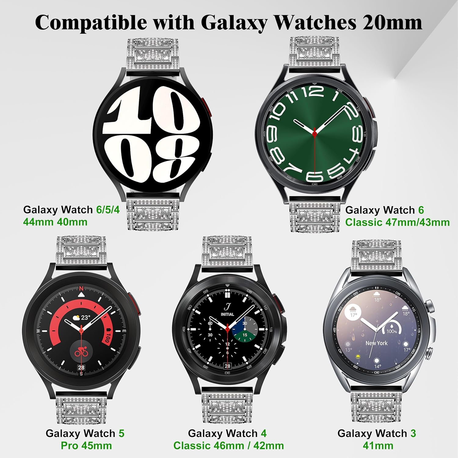20mm Band Compatible with Galaxy Watch 6/5/4 Band 44mm 40mm Women Bling Diamond Stainless Steel Band for Galaxy Watch 6 Classic 47mm 43mm/4 Classic/Watch 5 Pro/Watch 3 41mm