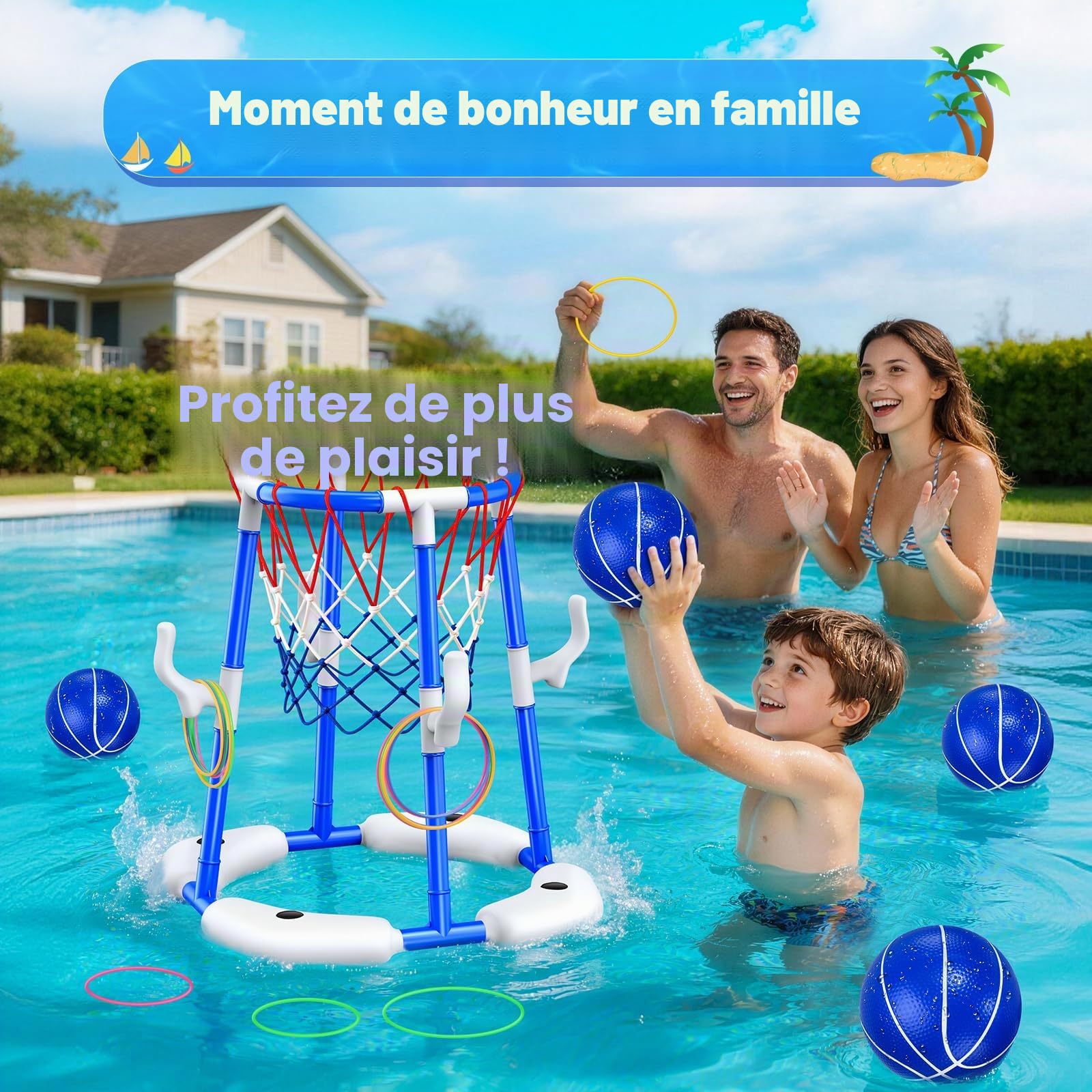 HaoVrisn Panier Basket Piscine 2 en 1, Jeux Piscine pour Enfants, 4 Ballons Flottants + 12 Anneaux + Pompe, Jouet Piscine d'Été pour Famille, Jeu d'Eau Extérieur/Intérieur pour Fête de Piscine