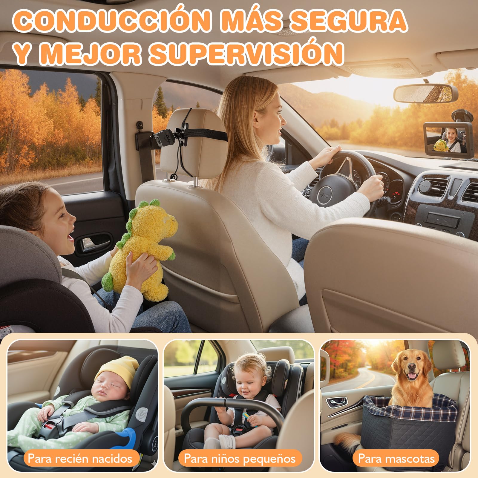 Zacro Cámara Bebé Coche Asiento Trasero HD 1080P, Espejo Retrovisor Camara Bebe Pantalla 4.3'', USB-C Plug and Play Monitores de Bebé para Coche con Visión Nocturna, Ángulo de Visión Amplio