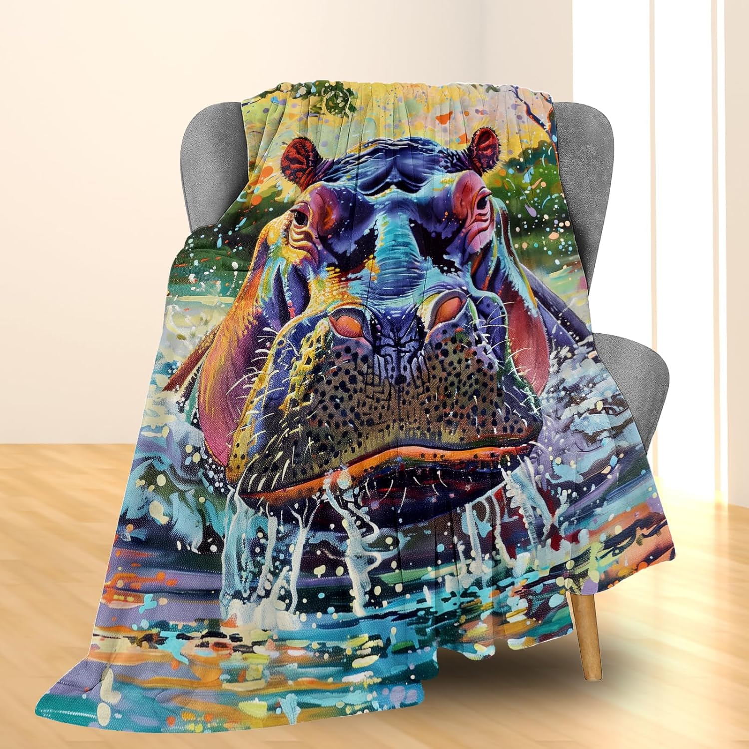 Vibrant Hippo Flannel Throw Blanket, Soft Cozy Abstract Art Lightweight Animal Blankets for Couch, Bed, Travel, Outdoor & Home Decor, Warm Fluffy Fuzzy Blanket for Adults Kids 60×50 in