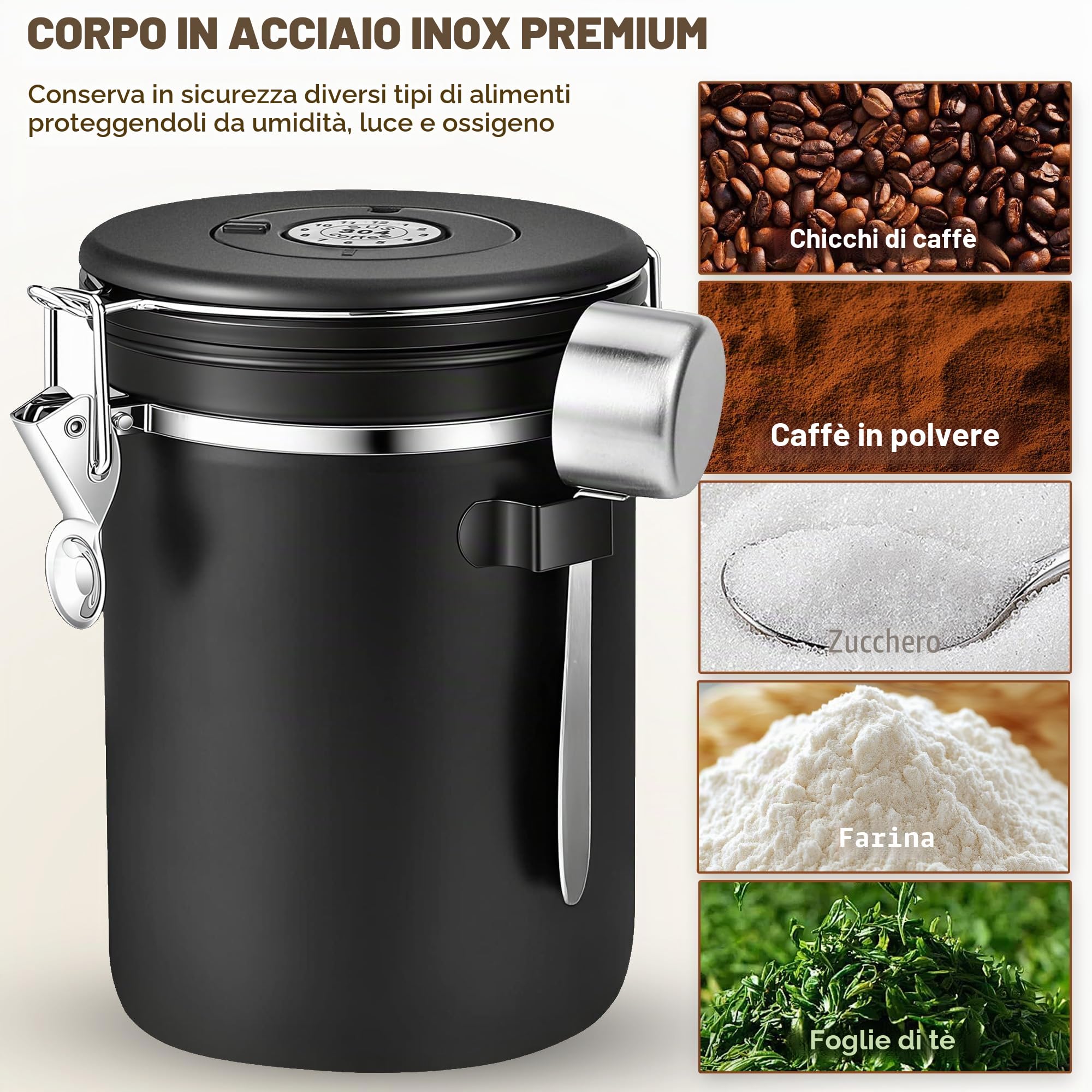 Barattolo Ermetico per Chicchi di Caffè da 1 KG, Contenitore per Chicchi in Acciaio Inox, 2.8L, Sottovuoto per Chicchi di Caffè, Polvere di Caffè, Tè, Zucchero
