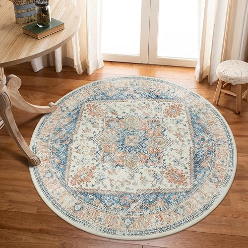 Miniatura 7 de LIVEBOX Alfombra redonda bohemia lavable de 4 pies, alfombra tradicional para dormitorio, plegable, retro, alfombra envejecida, alfombra circular