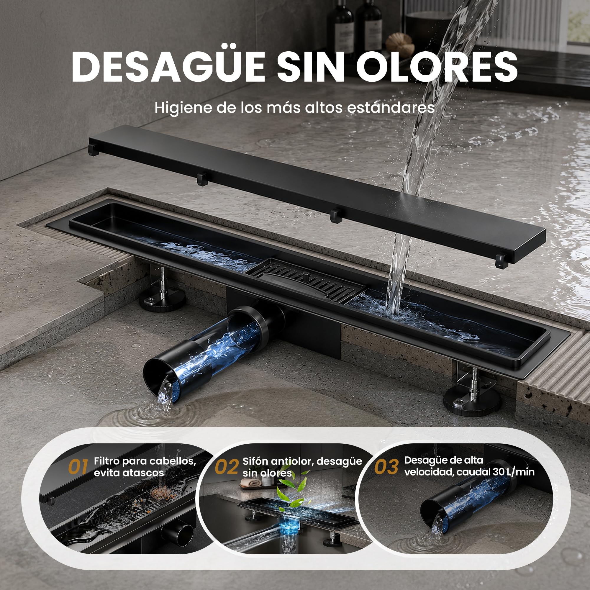 Canaleta de Ducha Negro 70 cm | Enlosable con Sifón Sin Olores, Filtro de Cabello y Diseño Sin Umbral para Ducha a Ras, Acero Inoxidable AISI 304