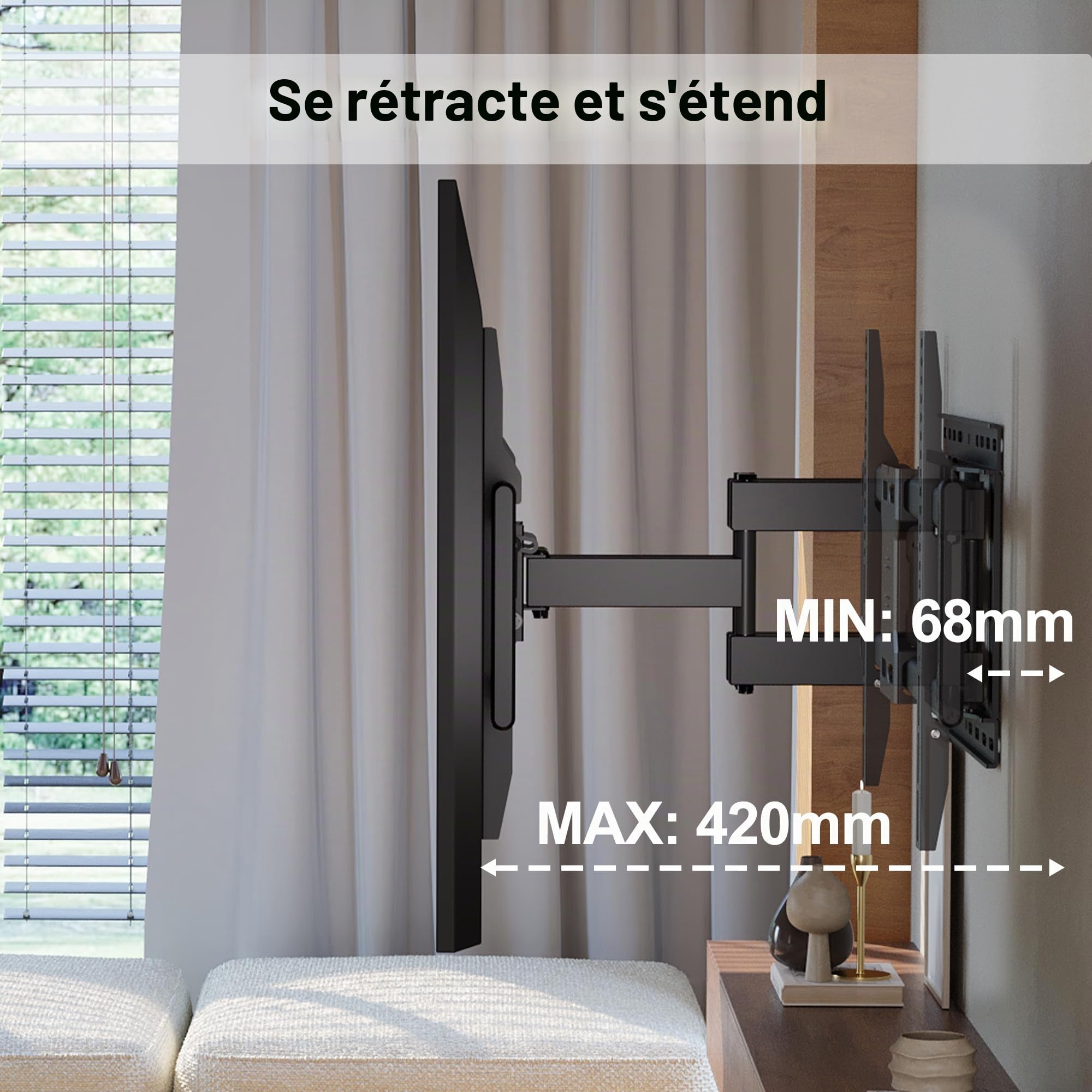 BONTEC Support TV Mural Articulé 37-85 Pouces, Support Mural TV Pivotant Inclinable, Bras Double 68-420mm, Jusqu’à 60kg, VESA 200x100-600x400, pour Écran Plat ou Incurvé