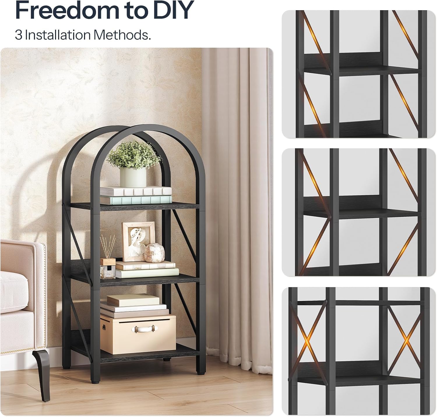 HOOBRO Bookshelf, 3-Tier Bookshelf Arched Display Racks, Industrial Bookcase with Metal Frame, Book Shelf Storage Organizer for Living Room, Office, Bedroom, Black BB423SJ01