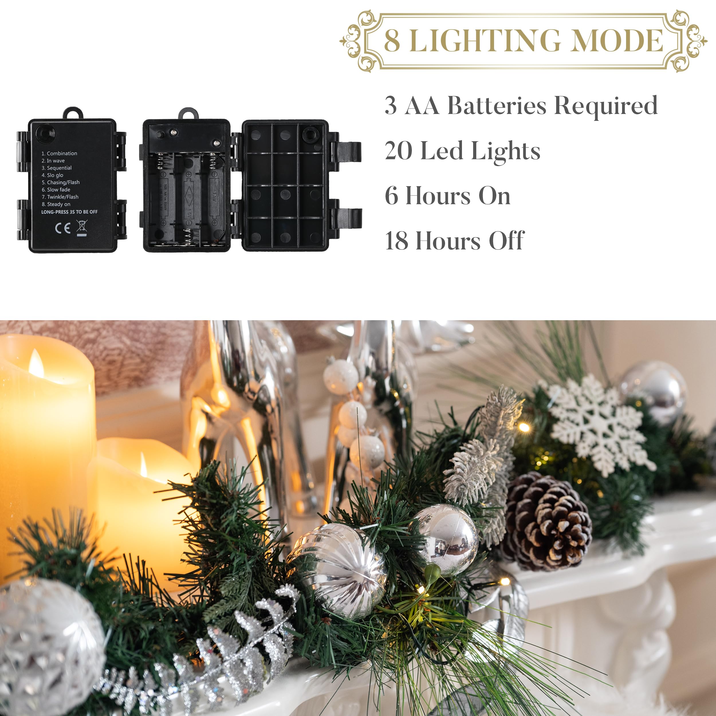 VALERY MADELYN 183 cm weihnachtsgirlande mit Beleuchtung, 20 LED Timer, Christmas Tannengirlande mit Weihnachtskugeln Tannenzapfen für Treppe Tisch Kaminsims Außen, Silber Weiß