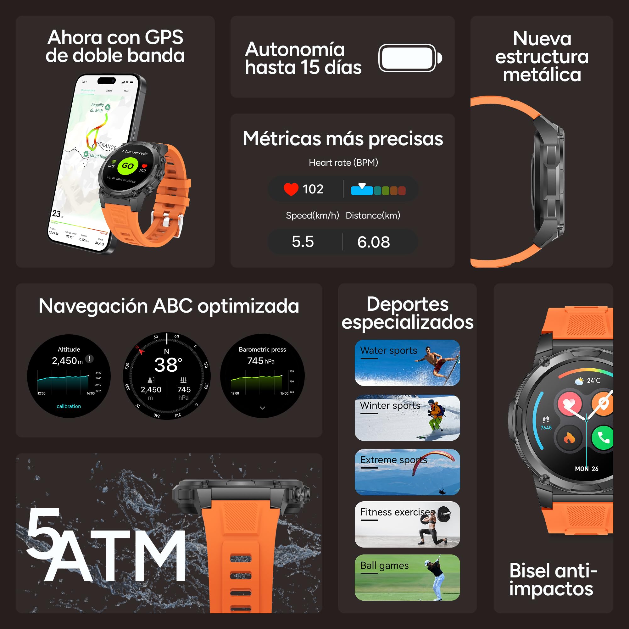 KSIX Explorer 2 Smartwatch Deportivo GPS Dual-Band para Running y Ciclismo, Reloj Outdoor montaña con altímetro barómetro brújula para Senderismo, Trekking, natación 5 ATM, Llamadas, pulsómetro