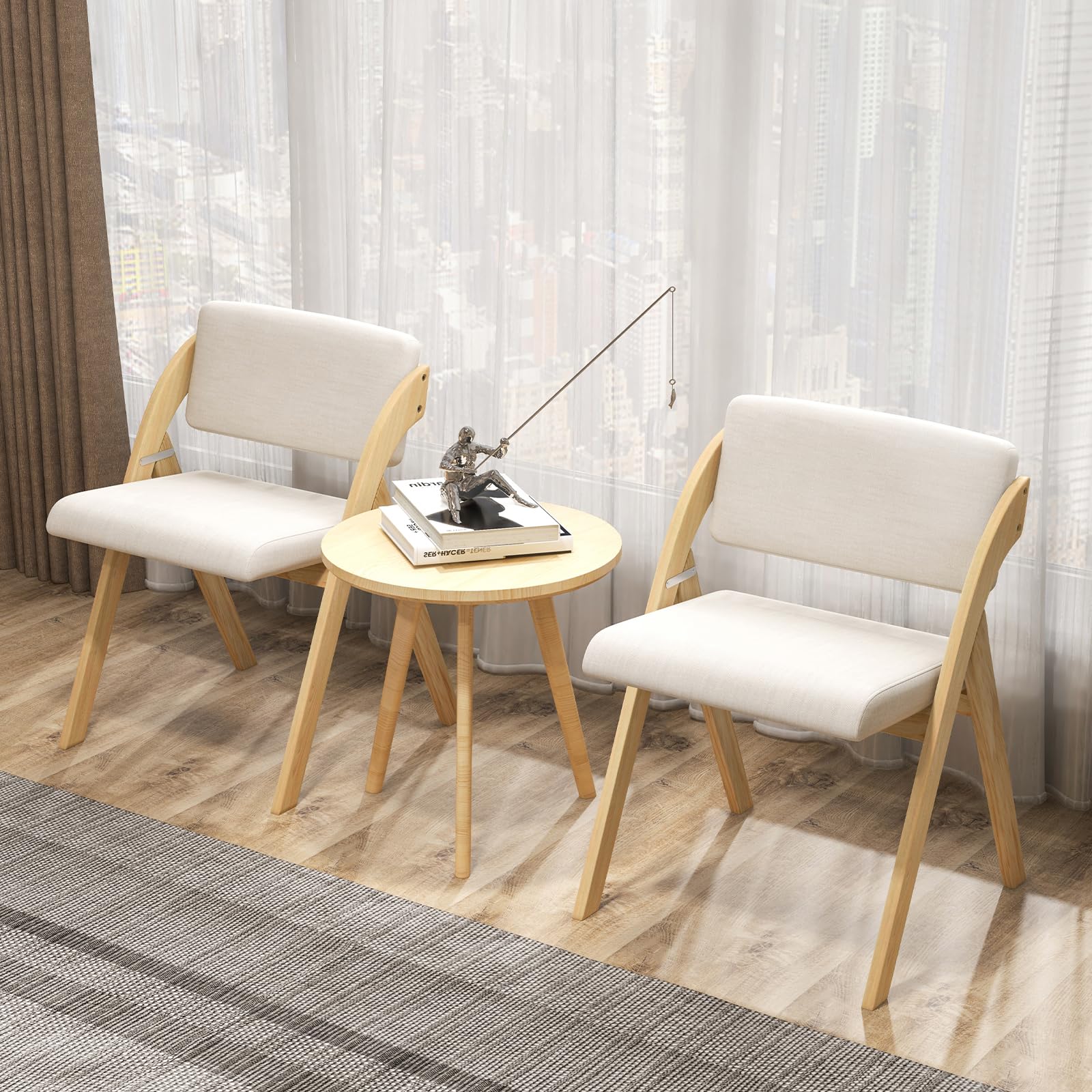 HOMASIS Set di 2 Sedie Pieghevoli da Sala da Pranzo, Poltrona da Salotto con Seduta e Schienale Imbottiti, Sedia da Cucina con Gambe in Legno Massello per Ufficio, 56 x 53 x 76 cm (Naturale)