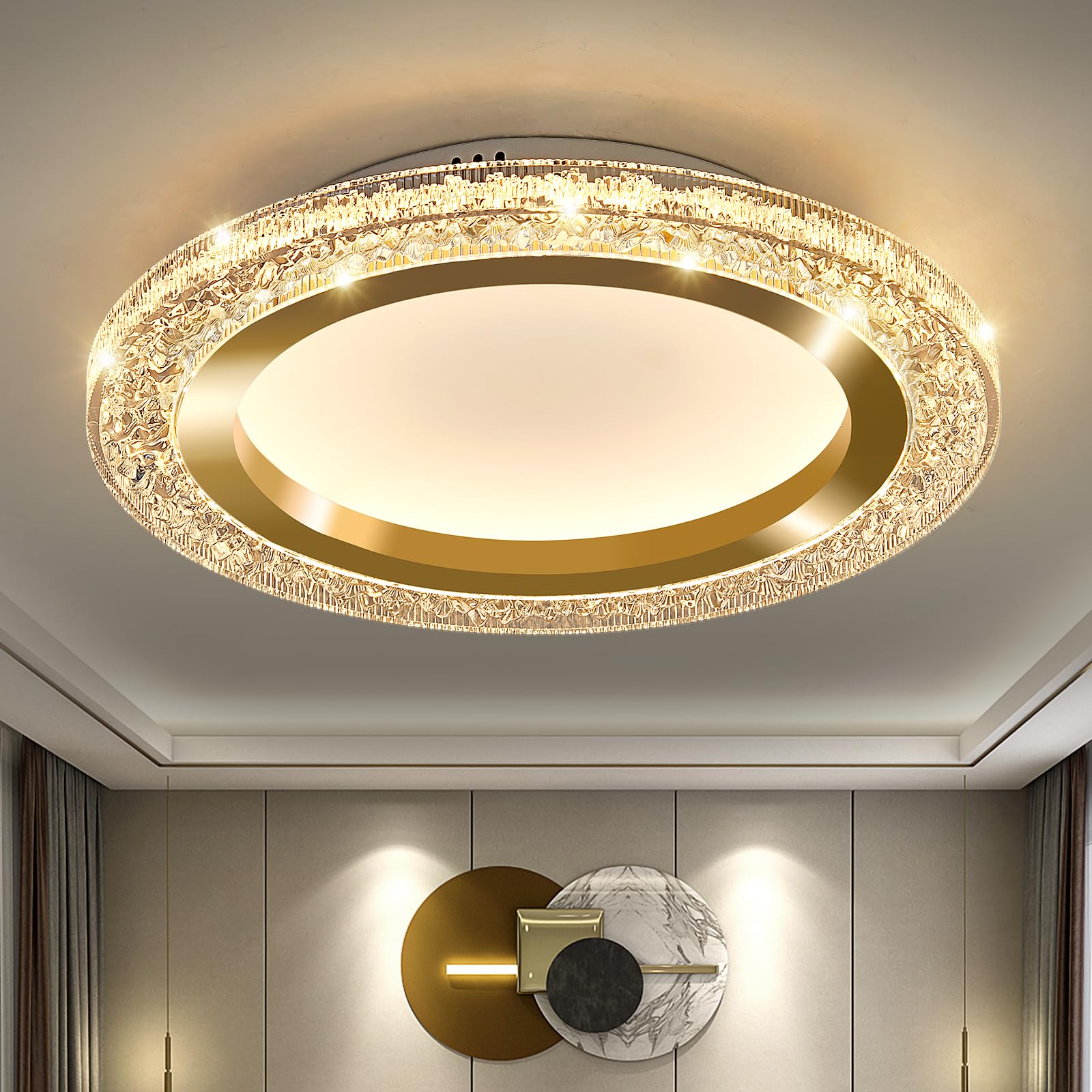 EOPSPYI 32W Gold LED Flush Mount Ceiling Light 15.74" Modern Round Ceiling Light Fixture 3000K-6000K Super Bright Circle Ceiling Chandelier for Bedroom Kitchen Hallway Bathroom