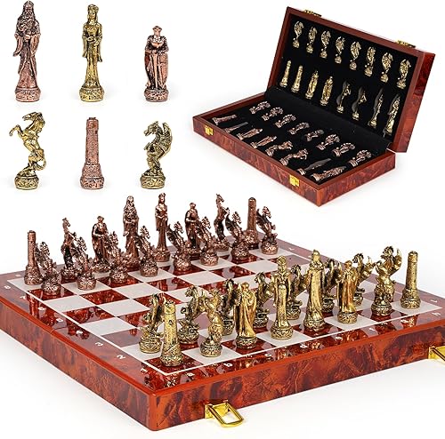 Miniatura 8 de Juego de ajedrez vintage de metal para adultos y niños, tablero de madera de 15 pulgadas con piezas de metal, juego de ajedrez de viaje, juego