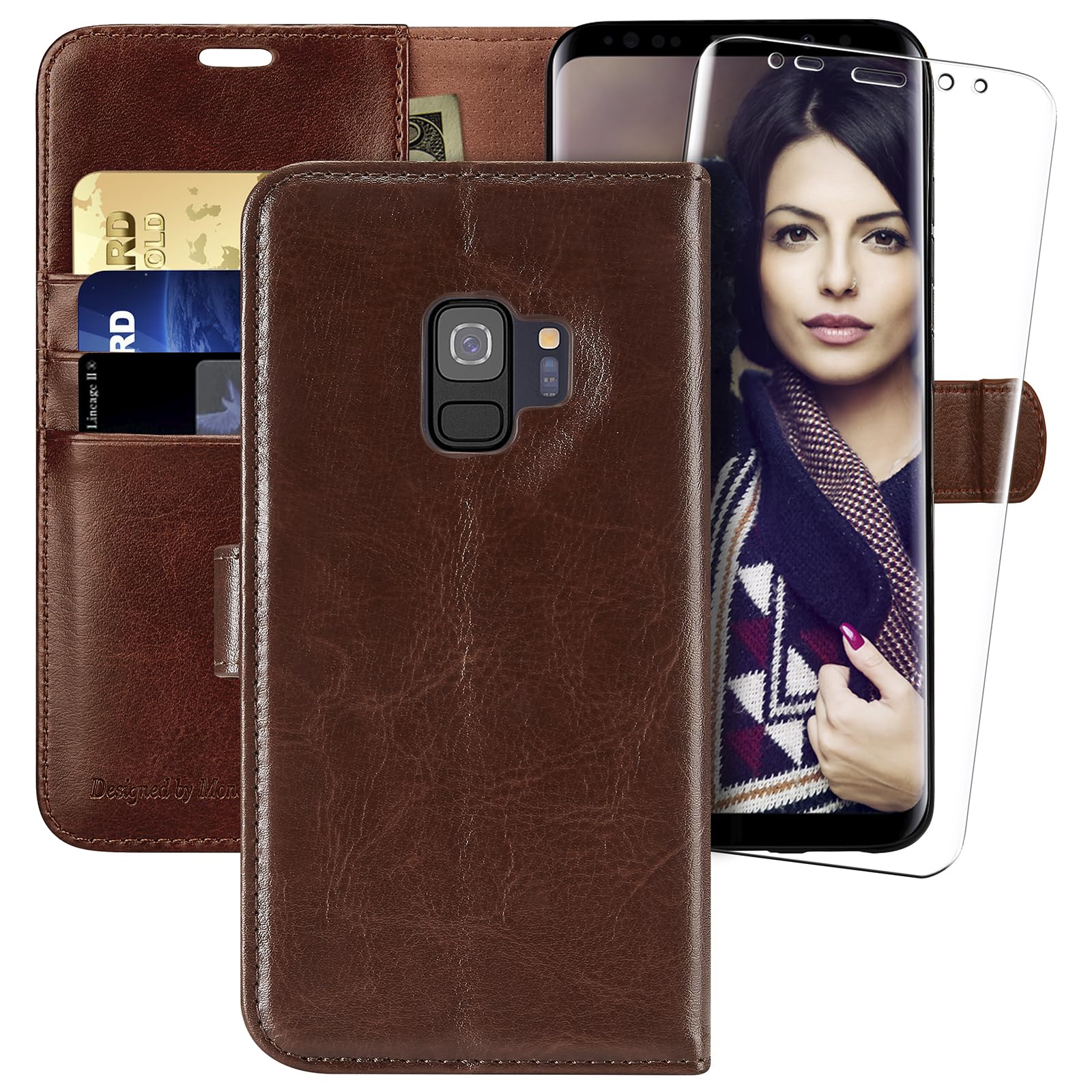 MONASAY Wallet Case Compatible for Galaxy S9, 5.8-inch, [Screen Protector Included][RFID Blocking] Flip Folio Leather Cell Phone Cover with Credit