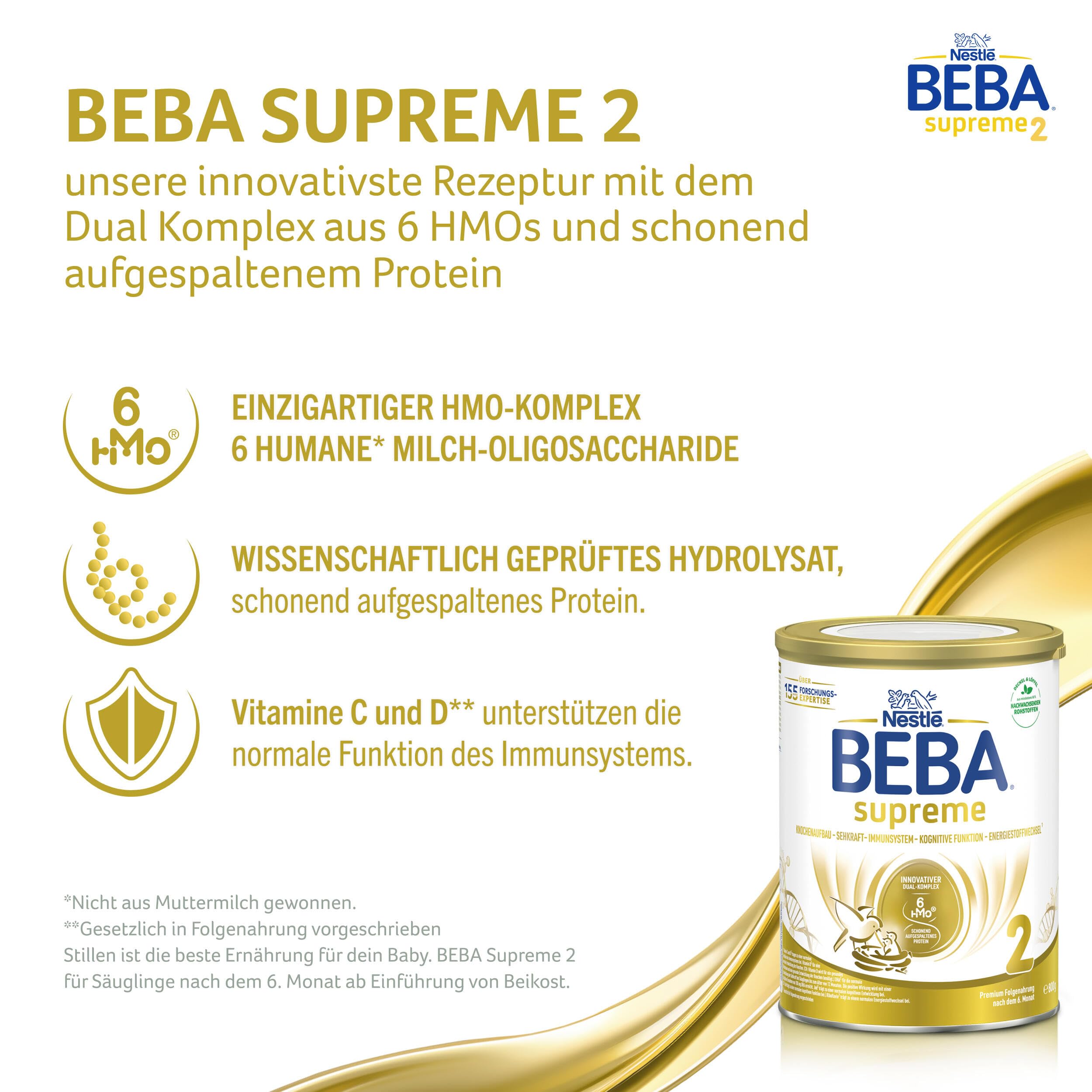 BEBA SUPREME 2 - Folgemilch nach dem 6. Monat, Mit 6 HMO Komplex, Patentiertes Produkt, Nur Laktose, Ohne Palmöl, Ohne Fischöl, Babynahrung, Baby-Milchpulver, 6er Pack (6 x 800g)