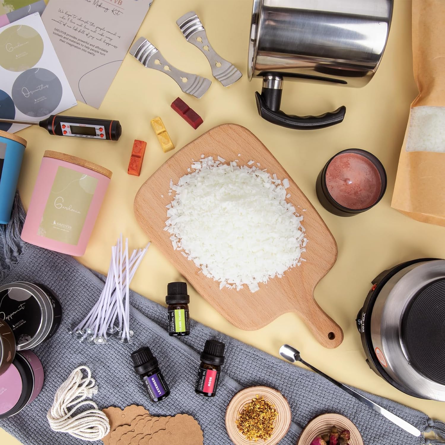 SAEUYVB Candle Making Kit - DIY Starter Soy Candle Making Supplies with Wax Melter, Including Soy Wax, 10 Candle Jars, 10 Pleasant Scents, Color Dyes & More，Perfect Candle Making Kit for Adults