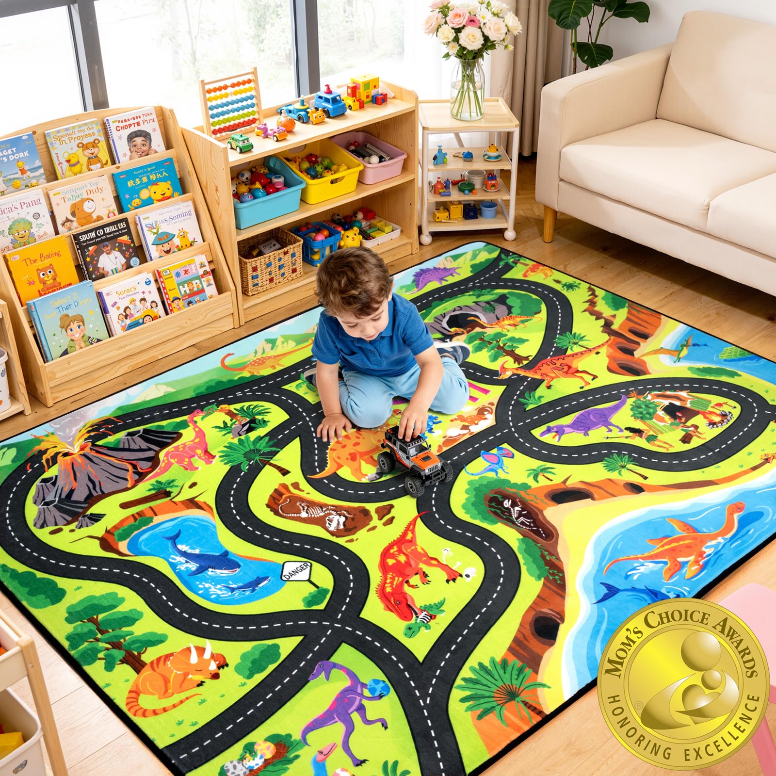 Cavorel Kids Road Rug 4x6 Ft,0.4 Inch Thick Soft Car Track Rug with Non-Slip Backing,Dinosaur Road Map Mat for Kids to Boost Motor Skills &