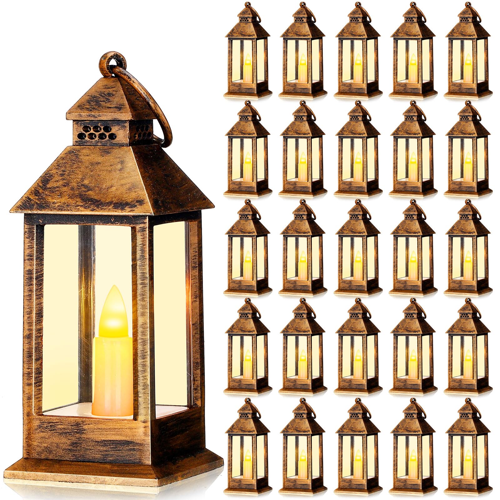 Hoolerry 24 Set Mini Lanterns with Flickering LED Candles 5.5'' Decorative Hanging Small Vintage Lantern Centerpiece Battery Powered for Wedding Table(Retro)