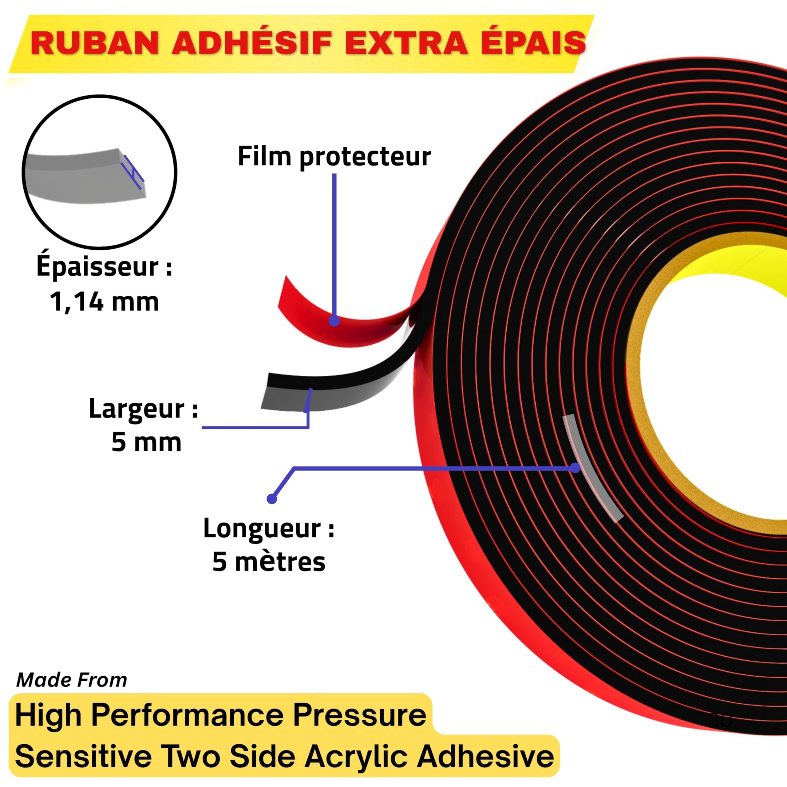 Ruban adhésif double face professionnel en mousse acrylique viscoélastique 5 mm x 5 m Noir