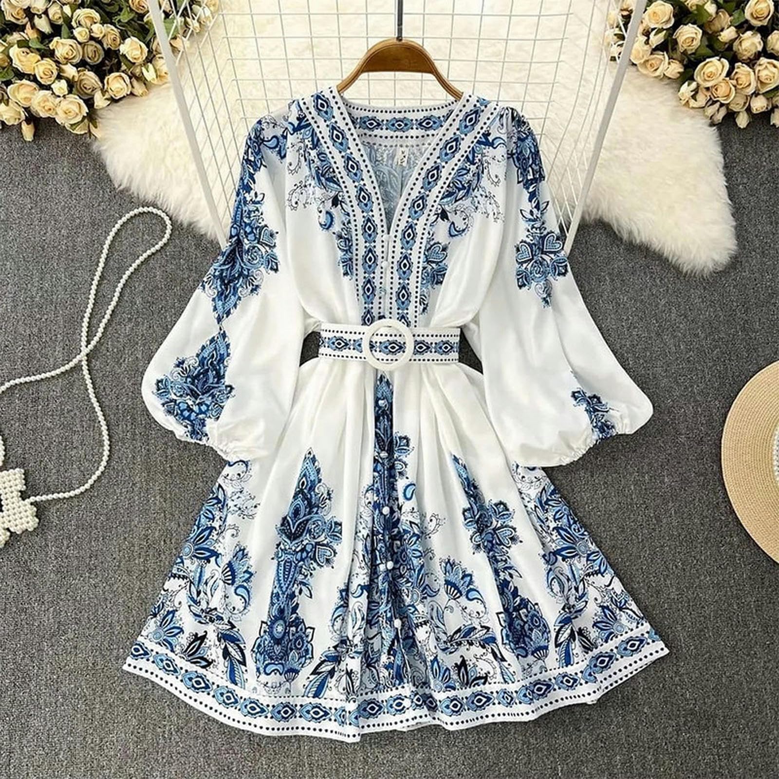 Vestido estampado de manga larga con cuello en V para mujer. YYEFNMAZ