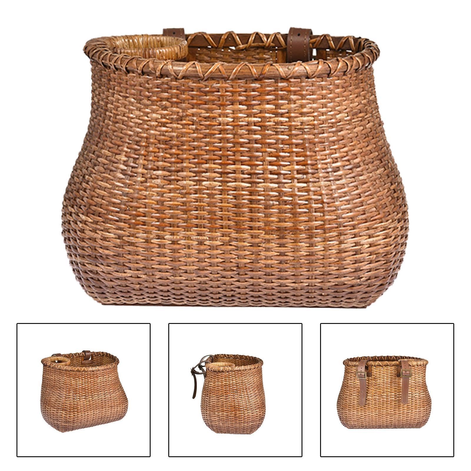 Cesto anteriore per bicicletta, cesto portaoggetti tessuto a mano | 28 x 19 x 24 cm / 11,02 x 7,48 x 9,45 pollici Cinghie in pelle regolabili per campeggio all'aperto