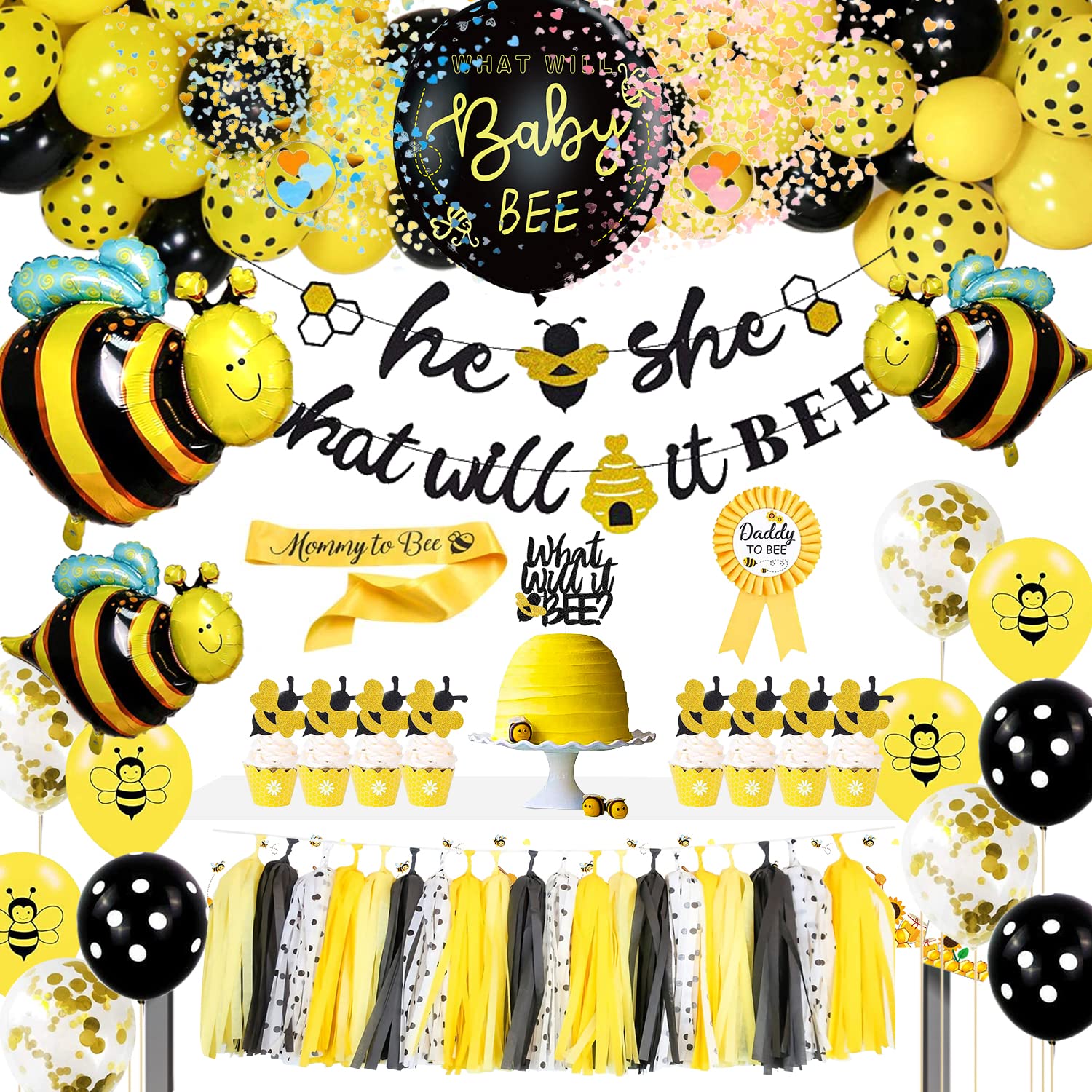 PYCALOW What Will It Bee Gender Reveal Party Supplies-He Or She Bumble Bee Baby Shower Decorations Include Banner, Balloons Arch, Tablecloth, Sash, Pin, Toppers, Tassels, for Baby Reveal Party