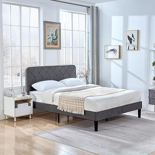 Miniatura 9 de VECELO Base de cama tamaño Queen con plataforma tapizada de cuero de alta calidad con cabecera ajustable en altura  base de colchón, soporte de