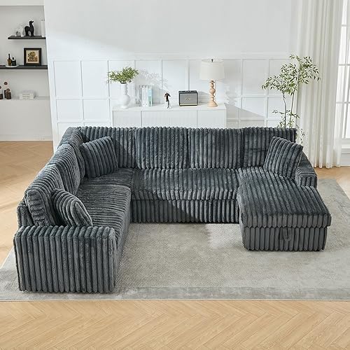 Sectional Sleeper Sofa with Pull Out Bed, 122 Inch U Shaped Sleeper Sectional Couch with Storage Chaise, USB Ports, Oversized 6 Seat Rabbit Plush Fabric Sofa Bed for Living Room,Deep Grey