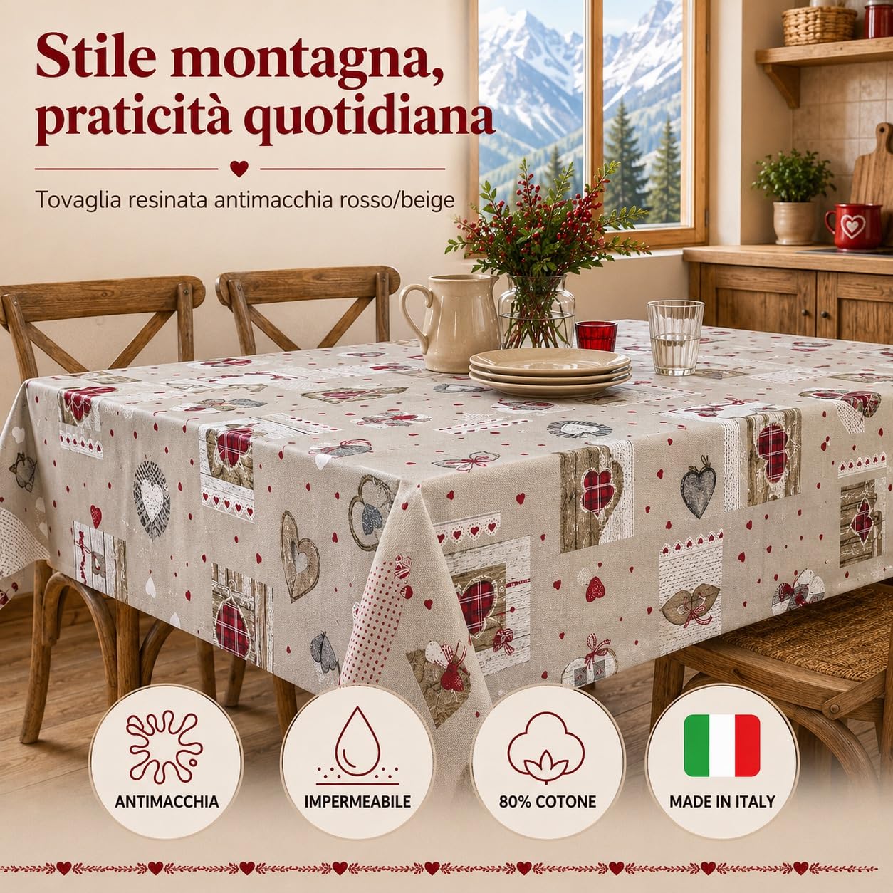 Tex family Mantel antimanchas resinado Turín Tirolés HOLLY rojo – cm 140x360x24 personas
